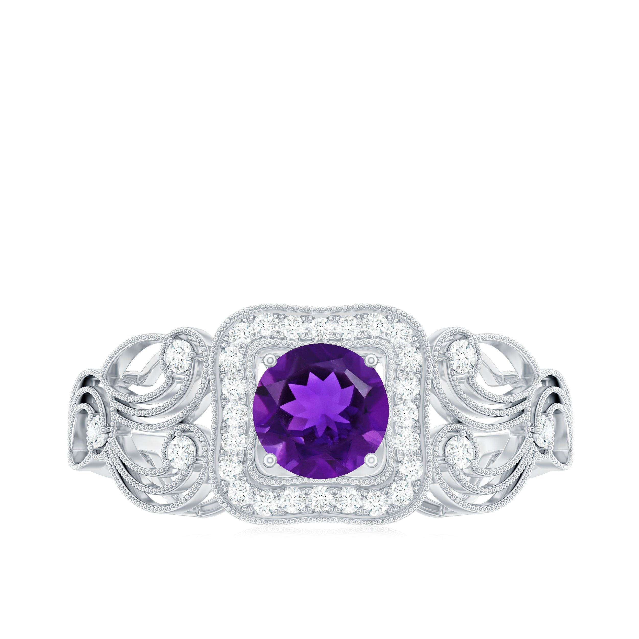 Vintage Inspired Real Amethyst Engagement Ring with Diamond AAA - Rosec Jewels
