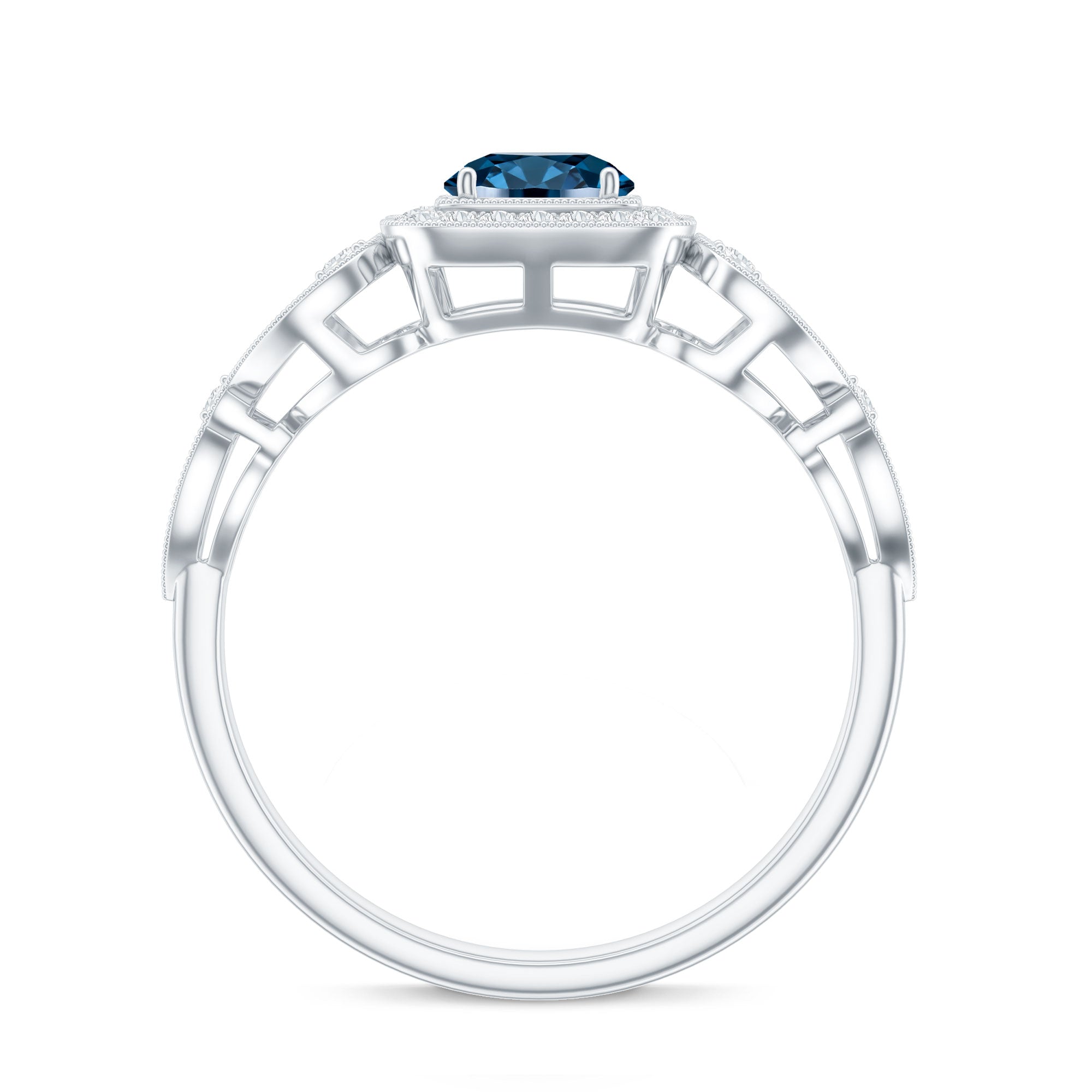 Certified London Blue Topaz Art Deco Engagement Ring with Diamond Halo AAA - Rosec Jewels
