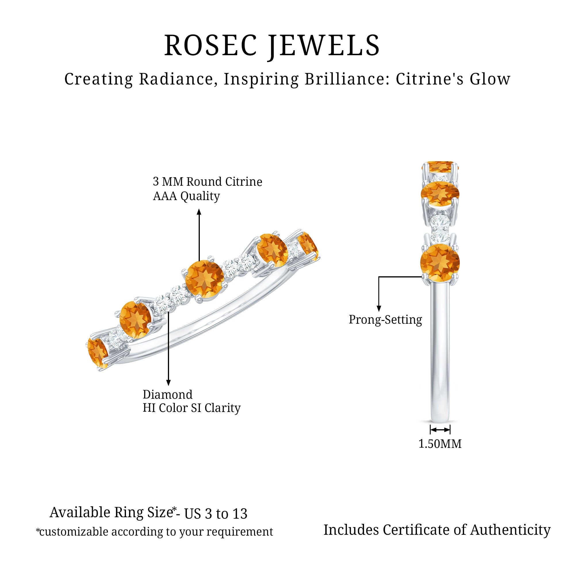Rosec Jewels-Natural Citrine Diamond Half Eternity Ring for Anniversary