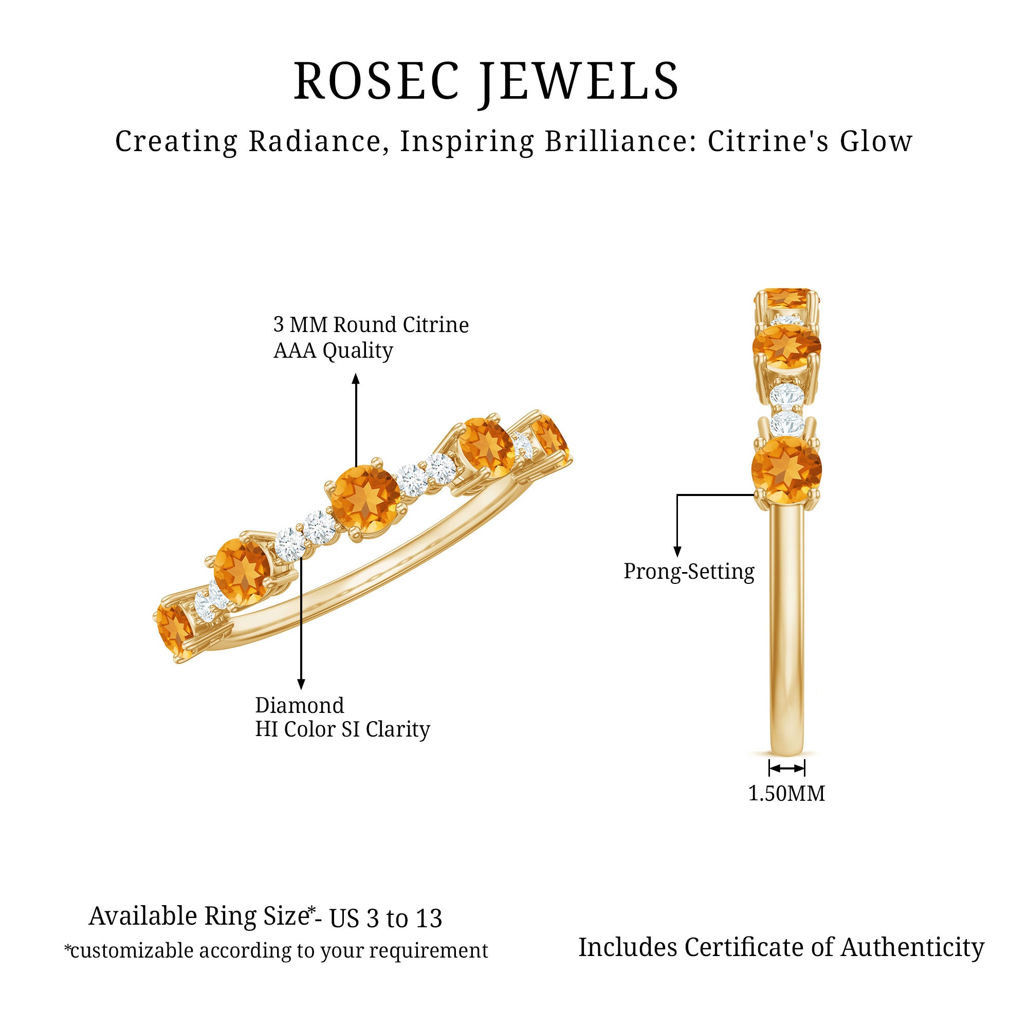 Rosec Jewels-Natural Citrine Diamond Half Eternity Ring for Anniversary