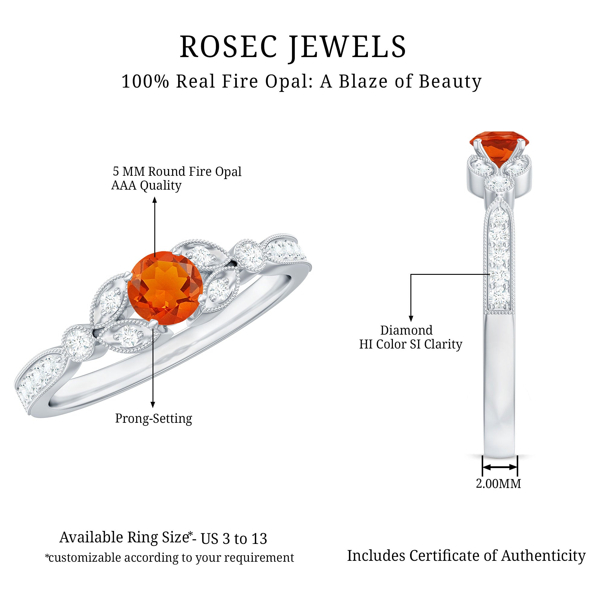 Minimal Fire Opal and Diamond Promise Ring AAA - Rosec Jewels