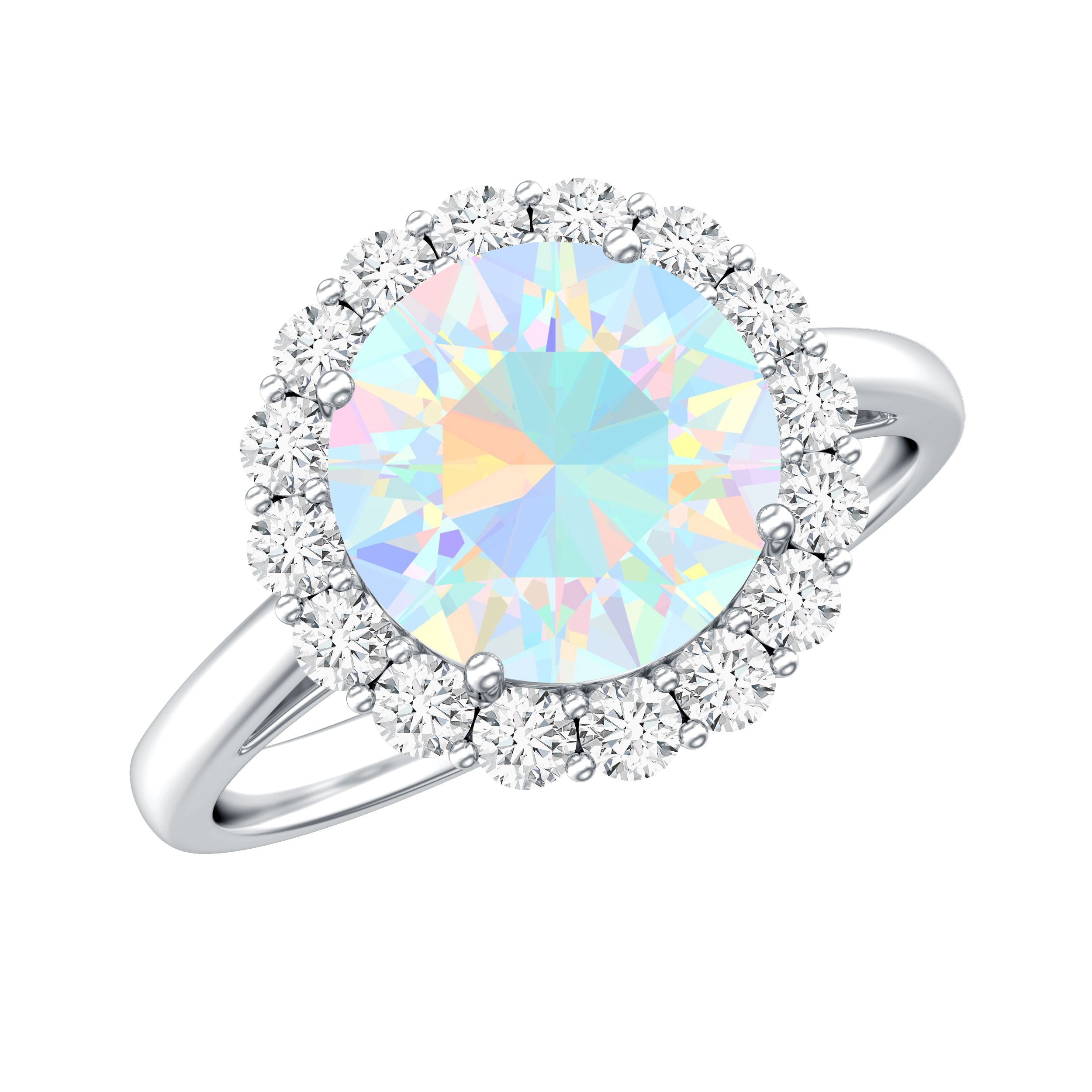 Certified Real 8mm Ethiopian Rainbow Opal Engagement Ring with Diamond Halo AAA - Rosec Jewels