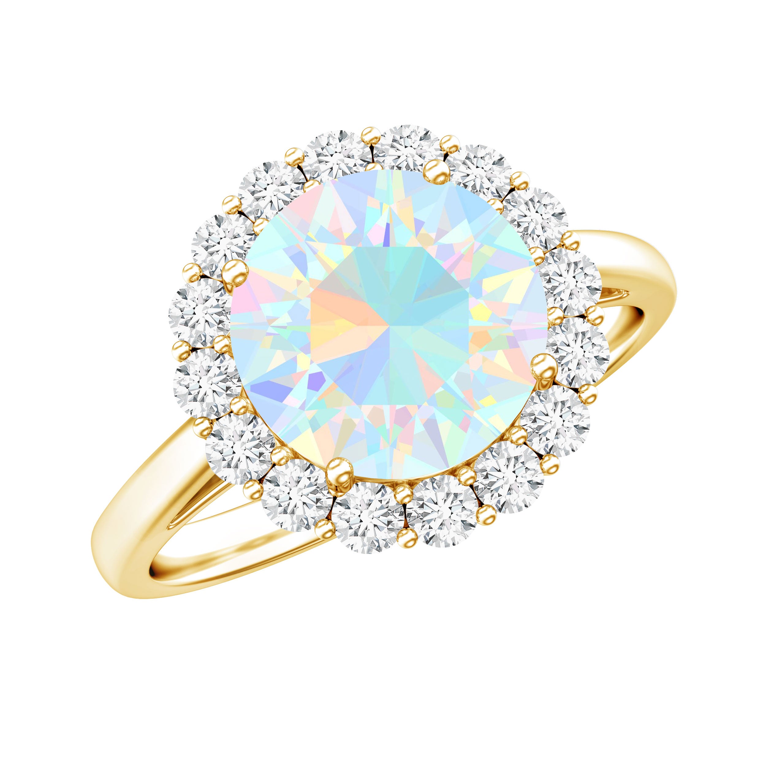 Certified Real 8mm Ethiopian Rainbow Opal Engagement Ring with Diamond Halo AAA - Rosec Jewels