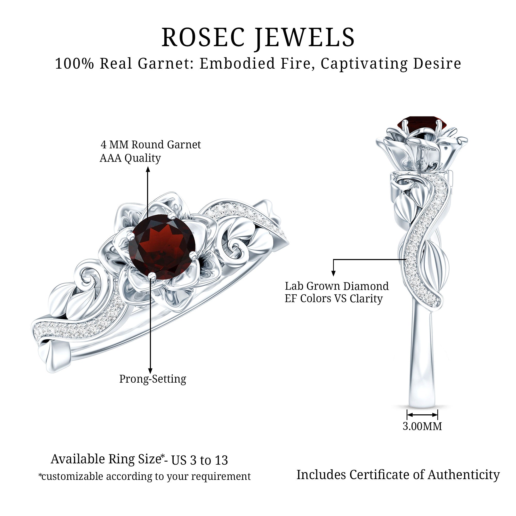 Certified Natural Garnet Rose Flower Engagement Ring with Diamond AAA - Rosec Jewels