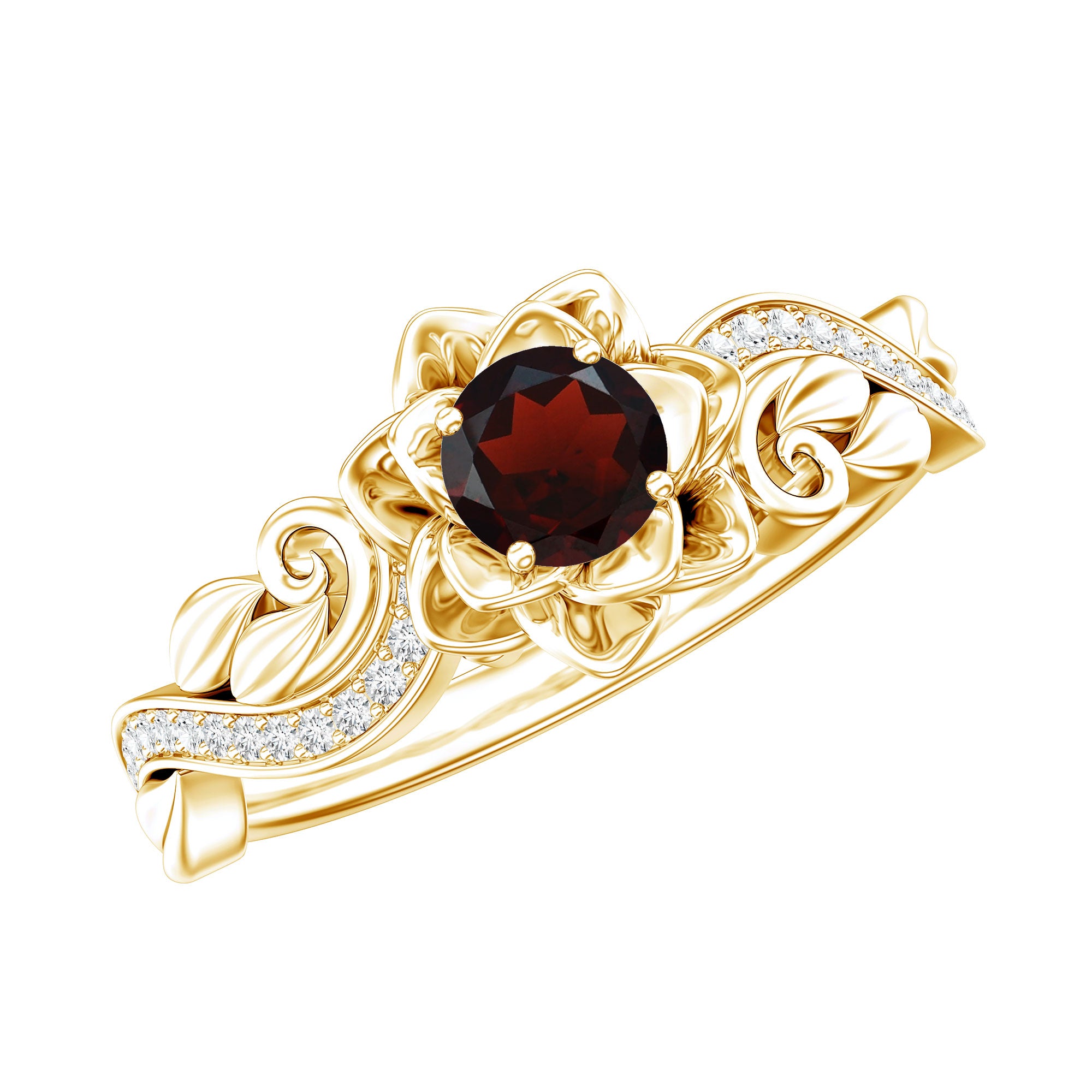 Certified Natural Garnet Rose Flower Engagement Ring with Diamond AAA - Rosec Jewels