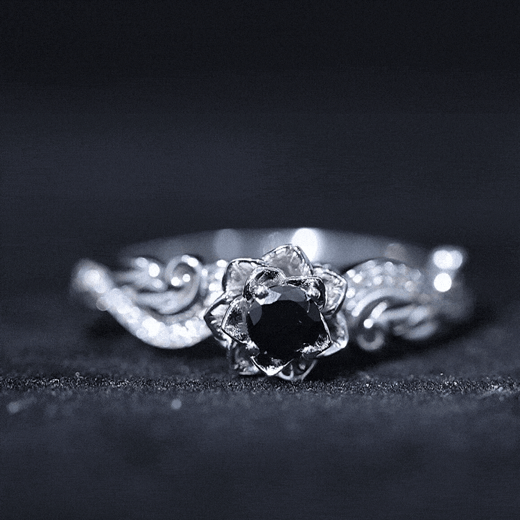Rosec Jewels-Real Black Spinel Blooming Flower Engagement Ring with Diamond