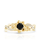 Rosec Jewels-Real Black Spinel Blooming Flower Engagement Ring with Diamond