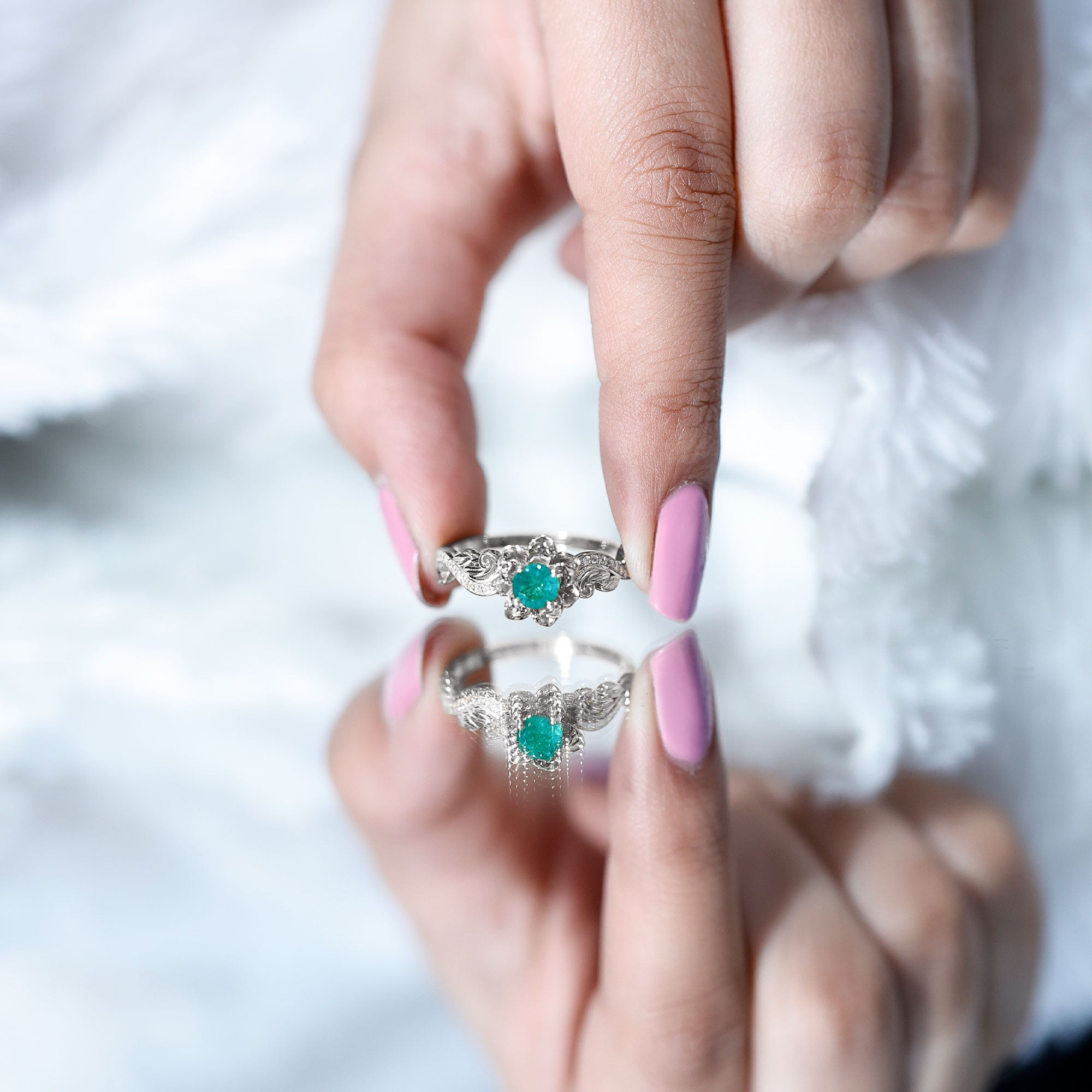 Natural Emerald Flower Engagement Ring with Diamond AAA - Rosec Jewels