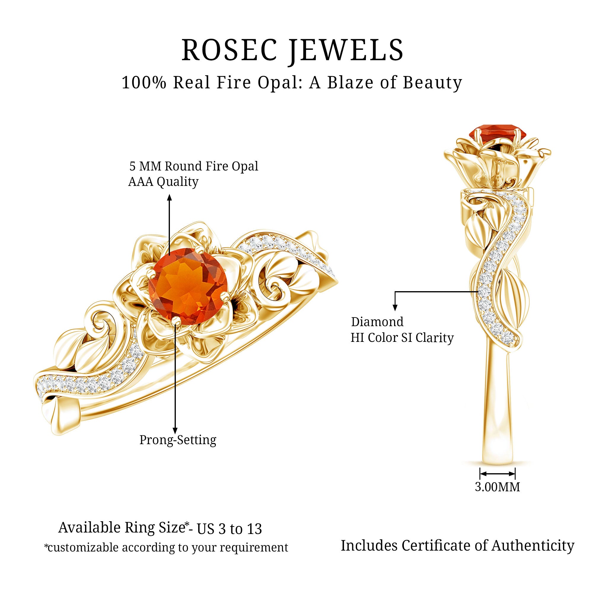 Rosec Jewels-Nature Inspired Fire Opal and Diamond Engagement Ring with Certificate