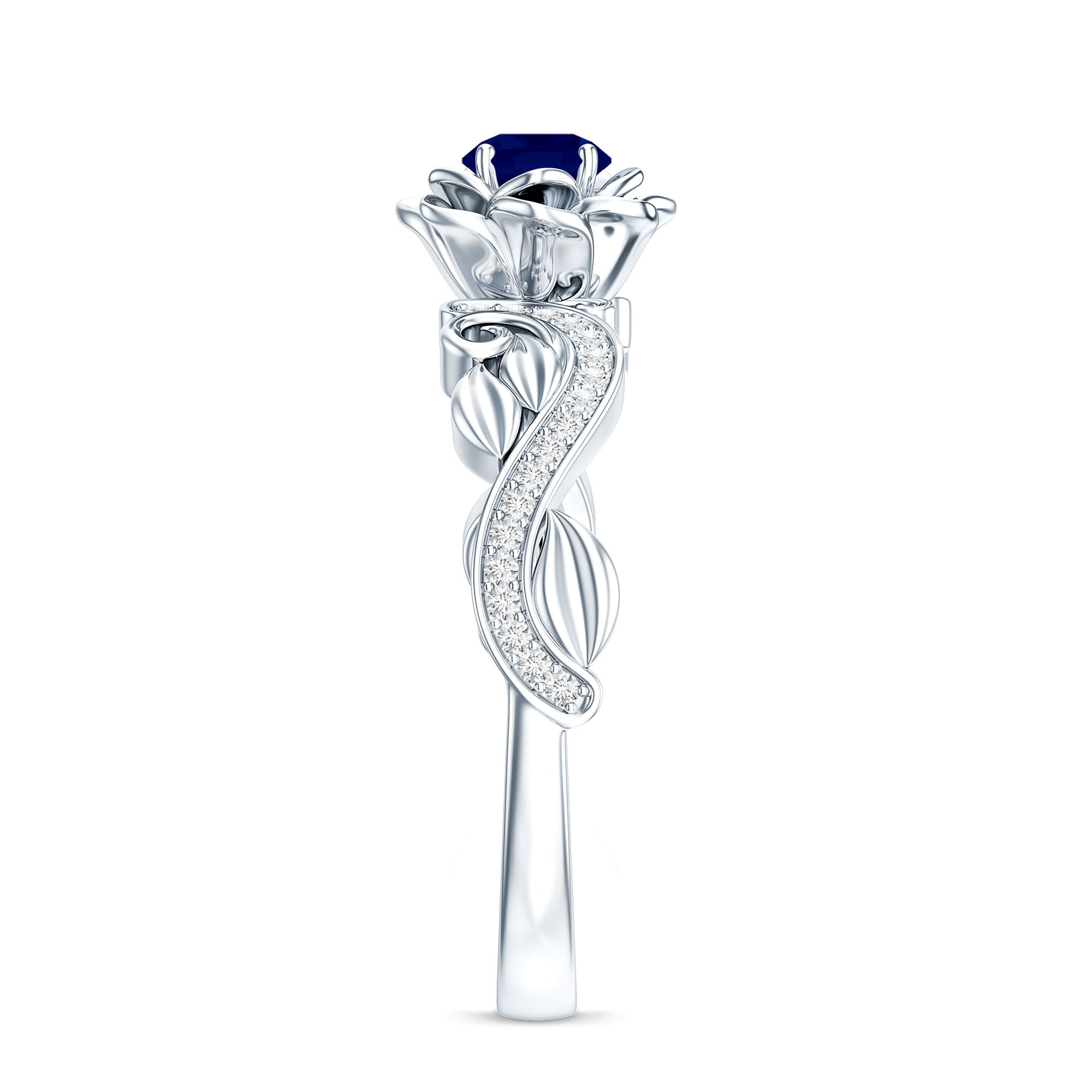 Rosec Jewels-Rose Flower Engagement Ring with Genuine Blue Sapphire and Diamond
