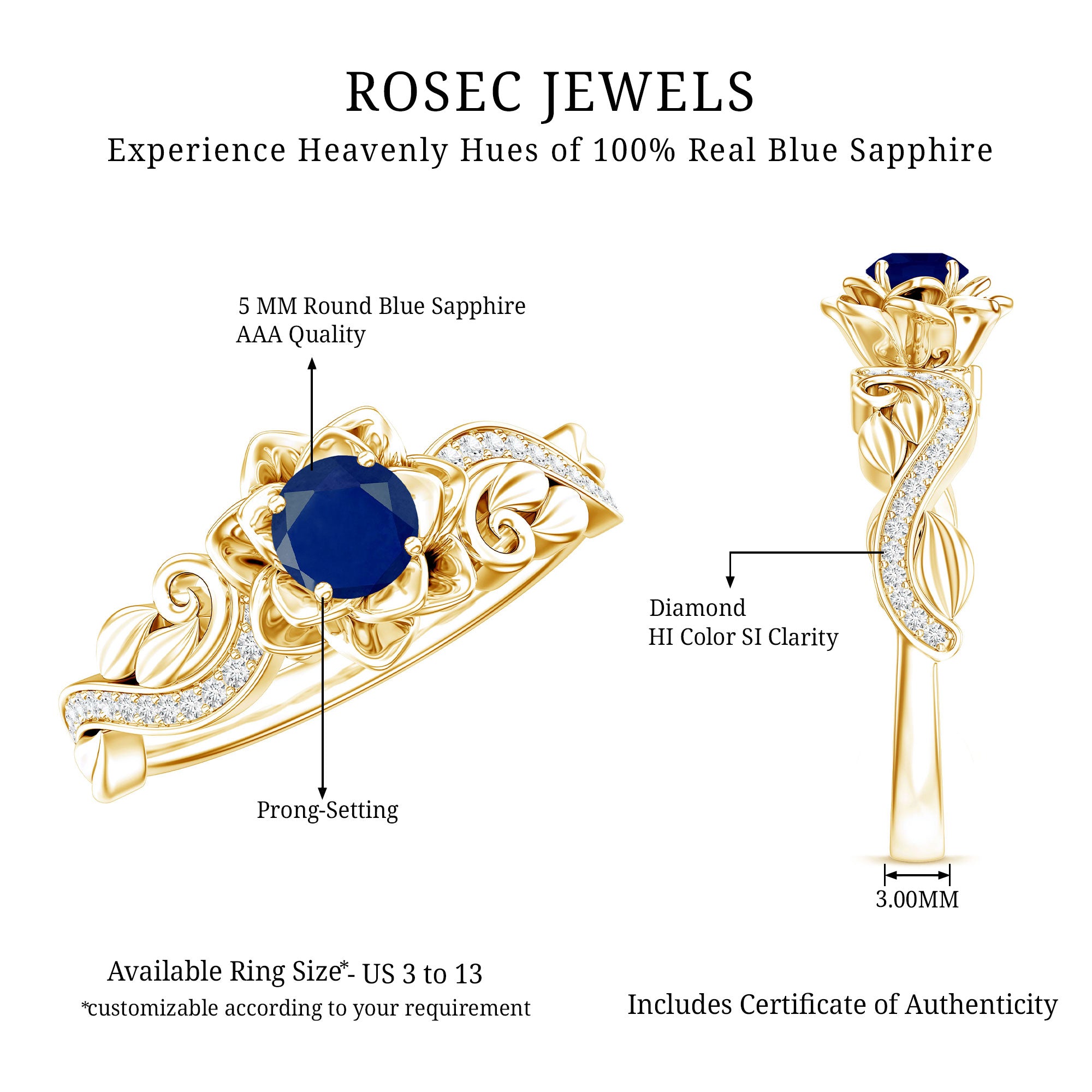Rosec Jewels-Rose Flower Engagement Ring with Genuine Blue Sapphire and Diamond