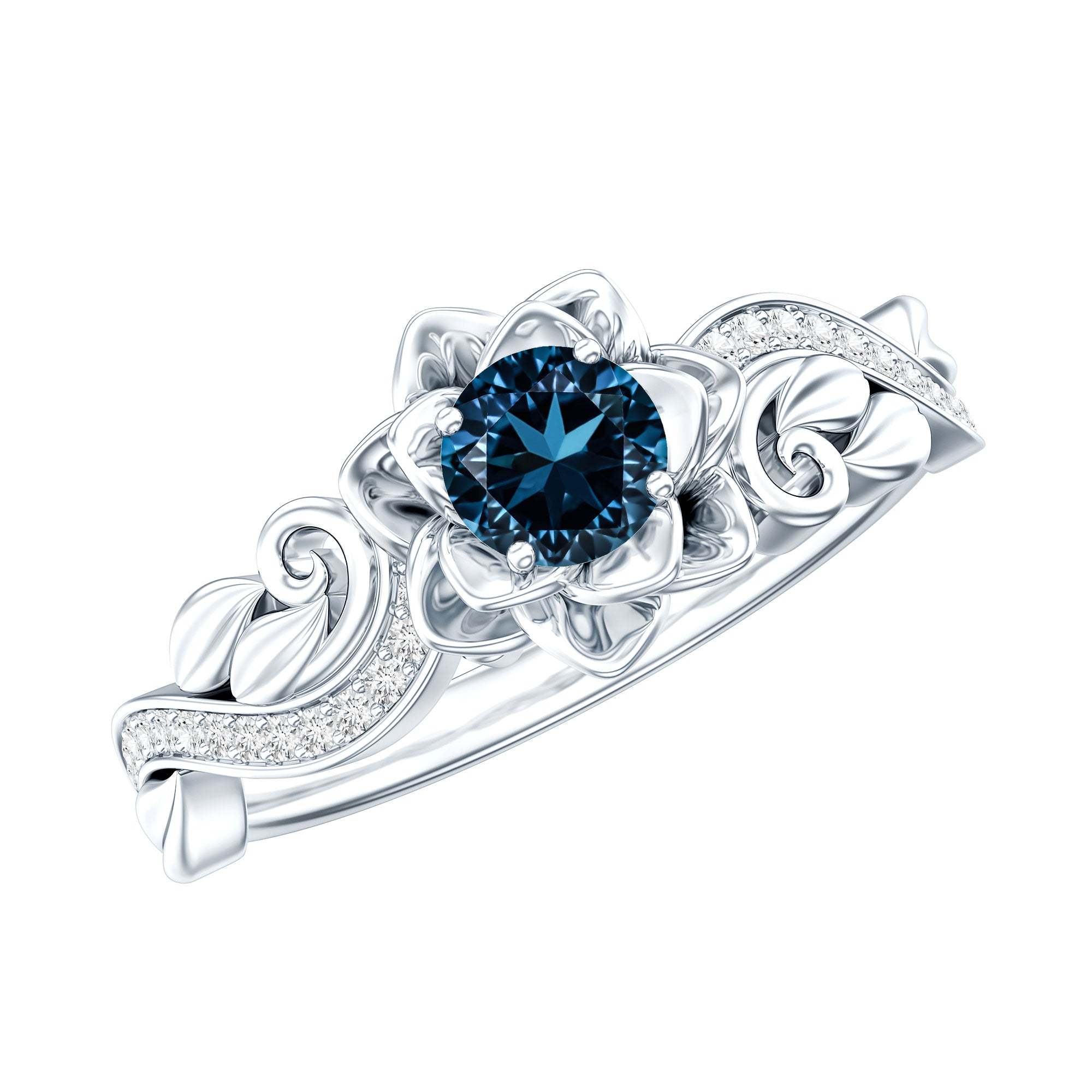 5mm Round Shape London Blue Topaz Nature Inspired Engagement Ring with Diamond AAA - Rosec Jewels