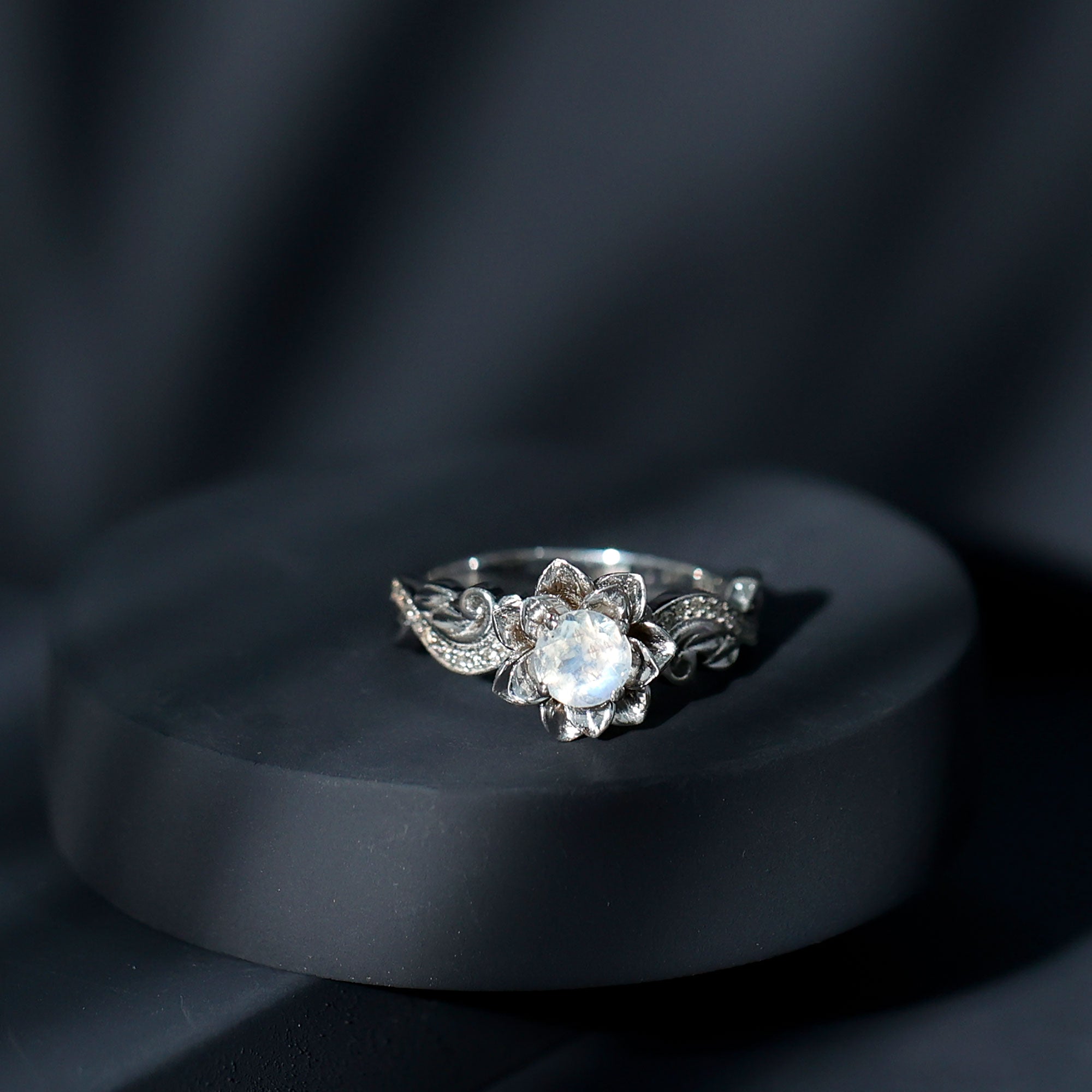 Rosec Jewels-Natural Moonstone Rose Flower Engagement Ring With Diamond