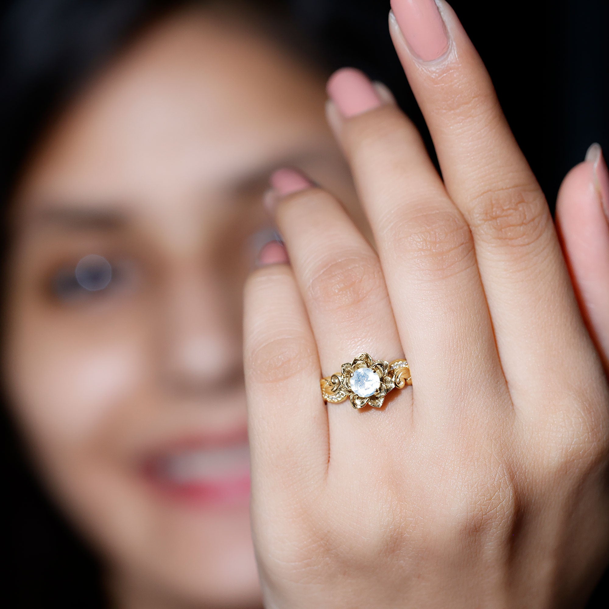 Rosec Jewels-Natural Moonstone Rose Flower Engagement Ring With Diamond