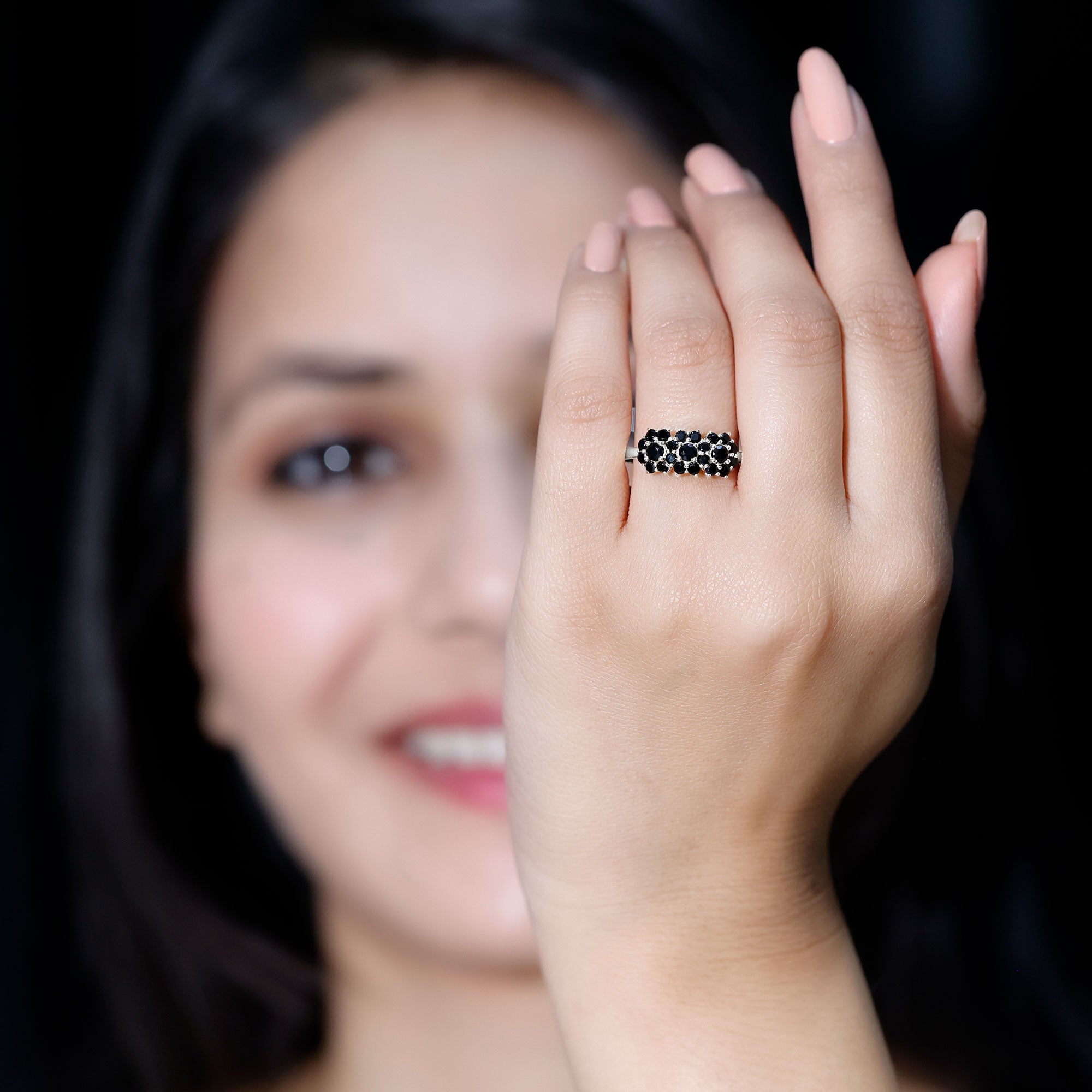 Certified Black Onyx Flower Engagement Ring AAA - Rosec Jewels