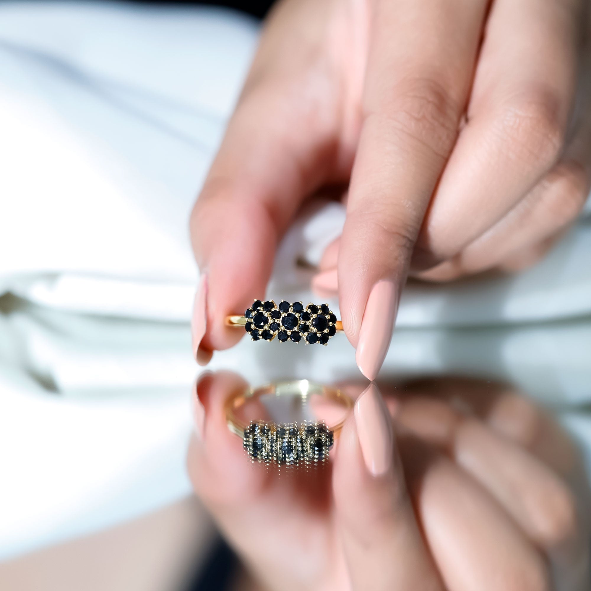 Certified Black Onyx Flower Engagement Ring AAA - Rosec Jewels