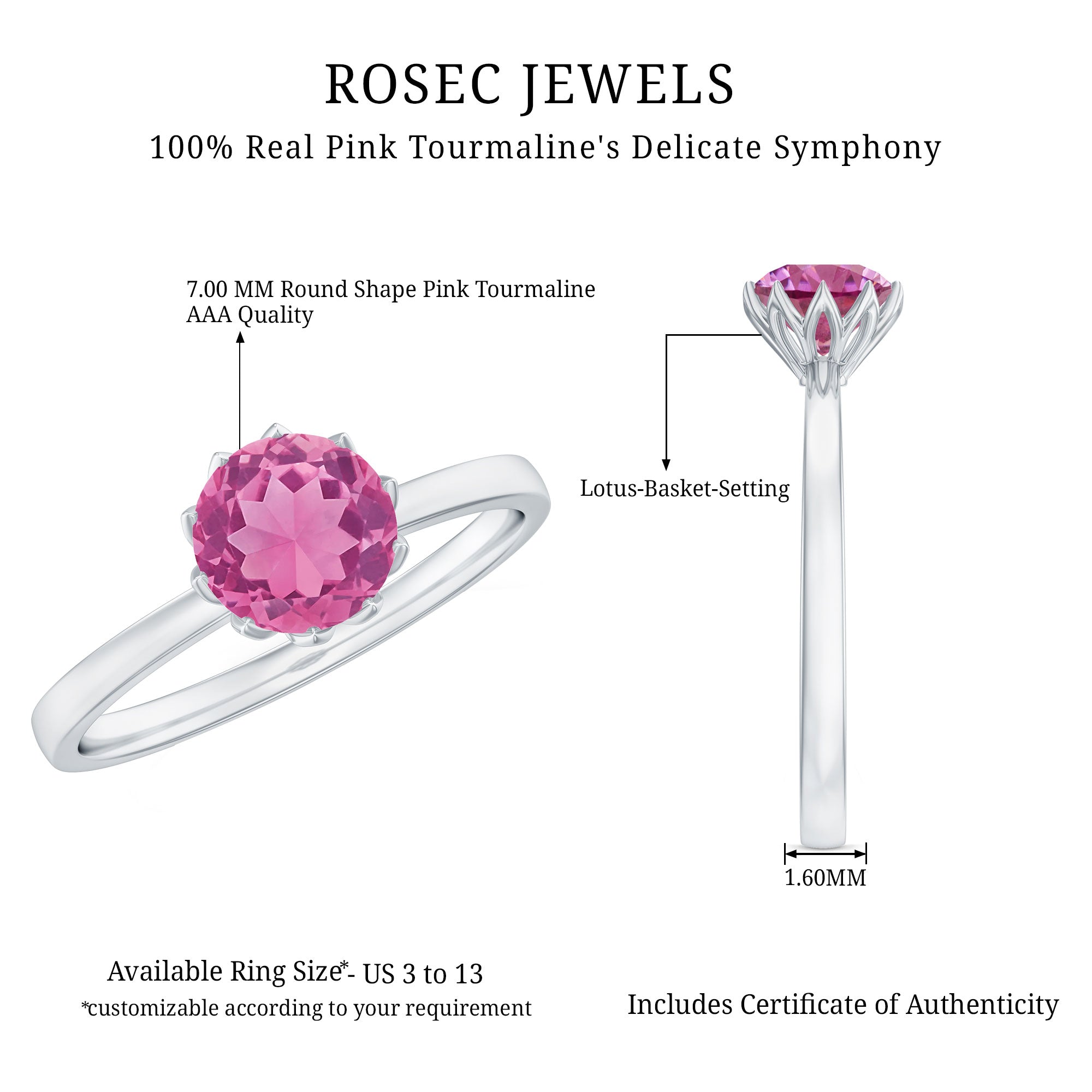 1.2 Carat Natural Pink Tourmaline Solitaire Ring in Lotus Basket Setting AAA - Rosec Jewels