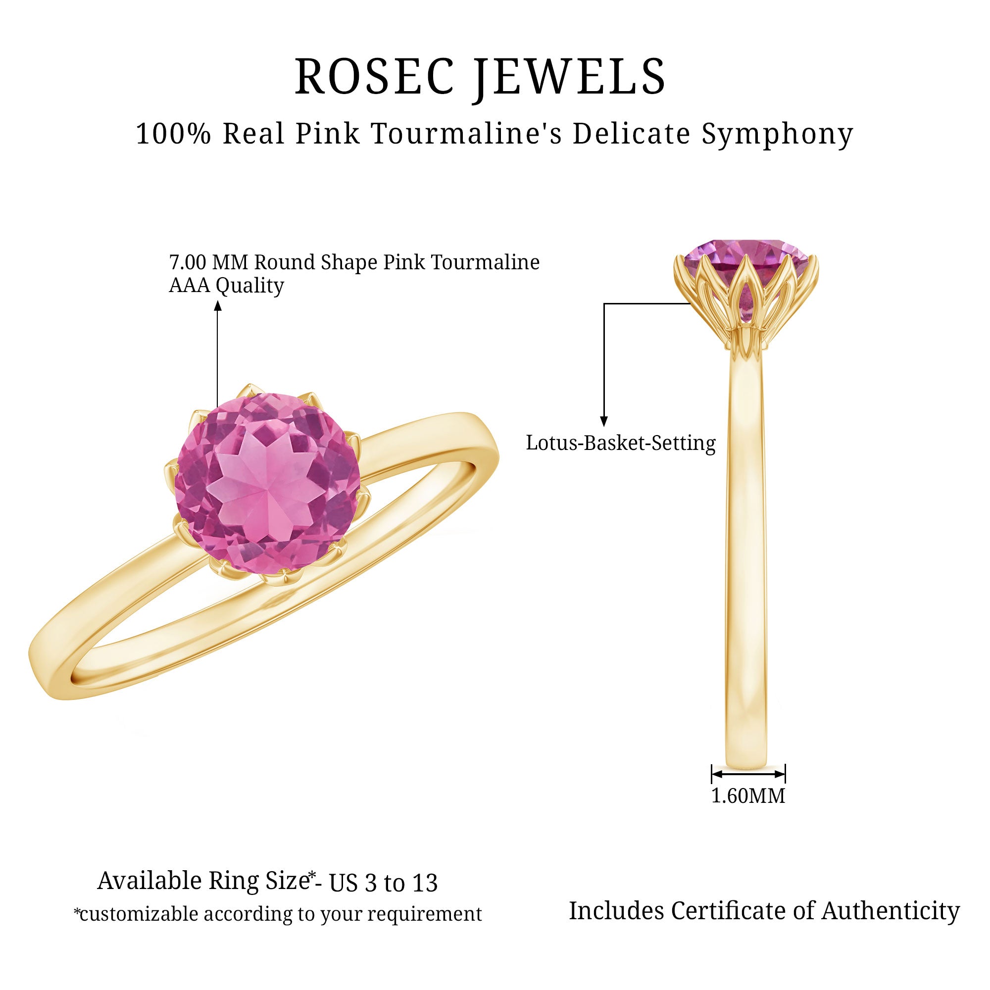 1.2 Carat Natural Pink Tourmaline Solitaire Ring in Lotus Basket Setting AAA - Rosec Jewels