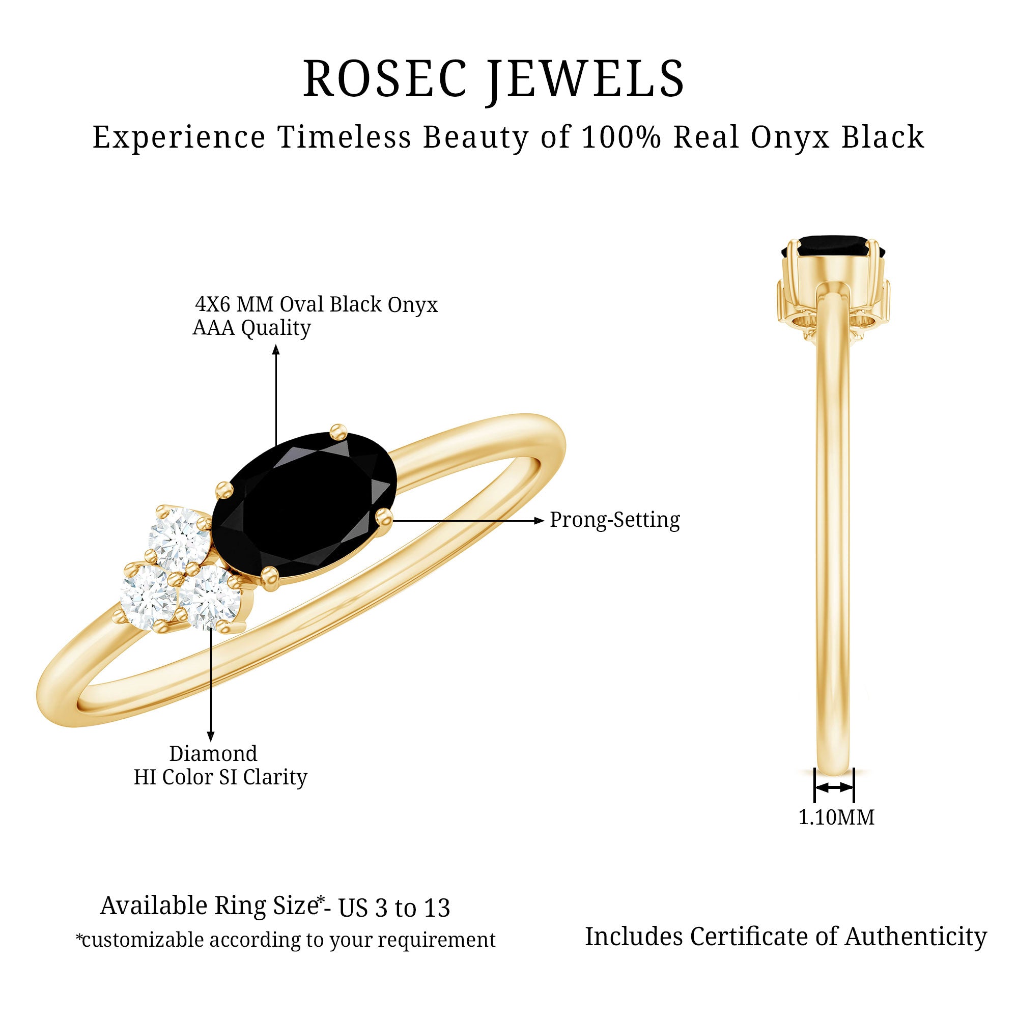 4x6mm Oval Cut Black Onyx Minimal Promise Ring with Diamond Trio AAA - Rosec Jewels