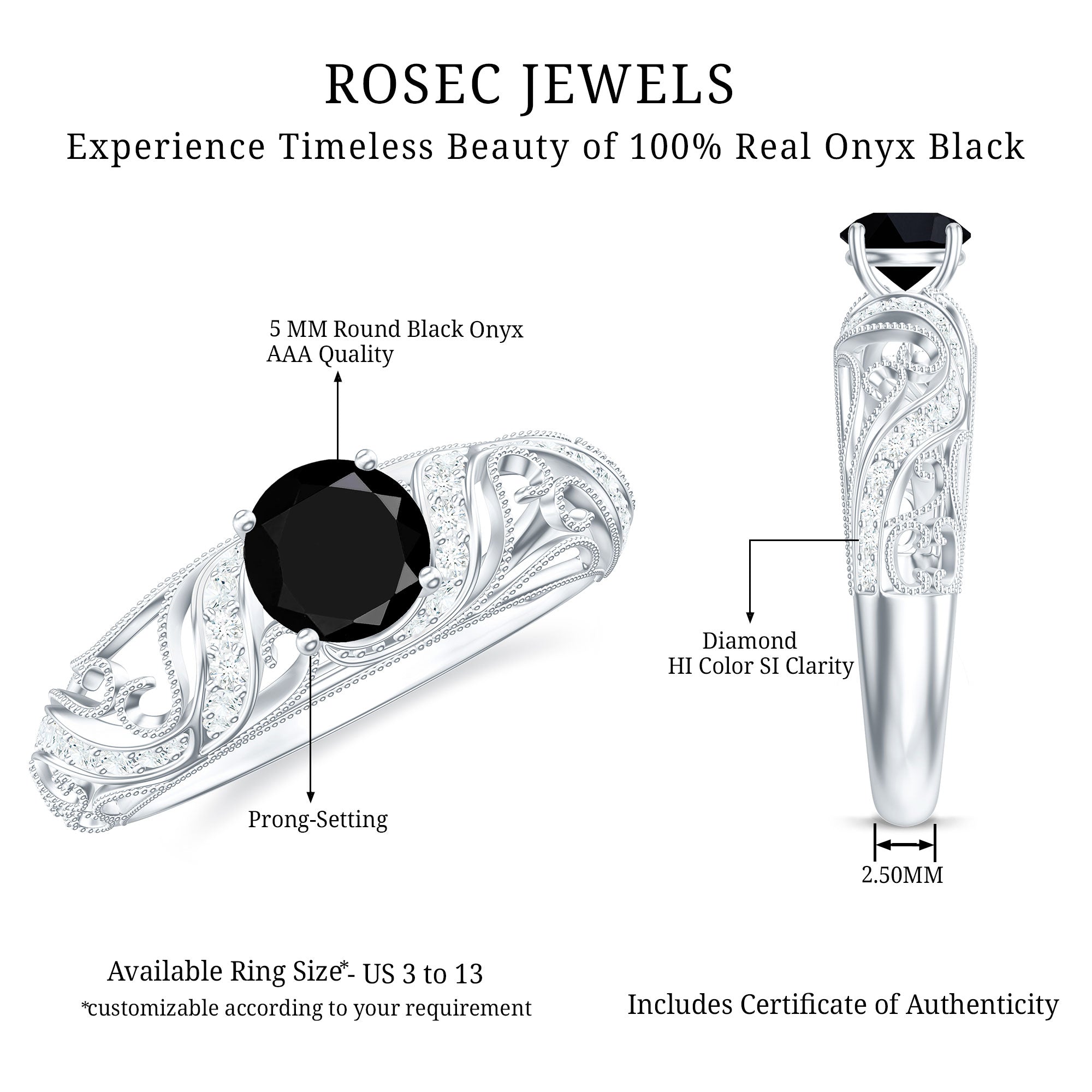 Vintage Style Black Onyx and Diamond Engagement Ring for Women AAA - Rosec Jewels