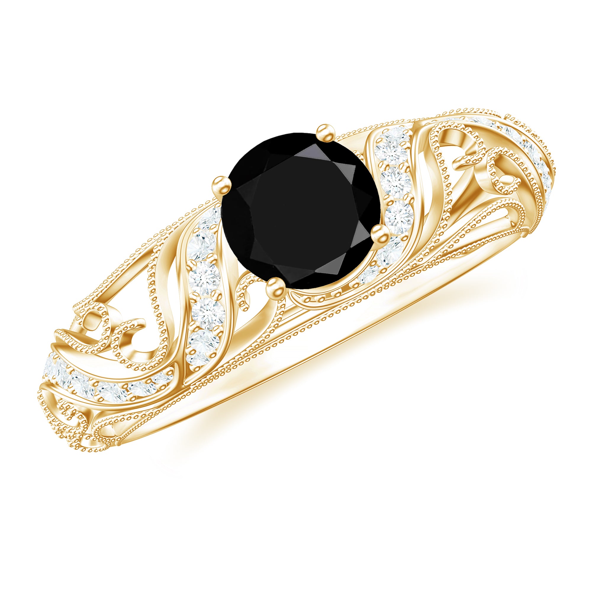 Vintage Style Black Onyx and Diamond Engagement Ring for Women AAA - Rosec Jewels