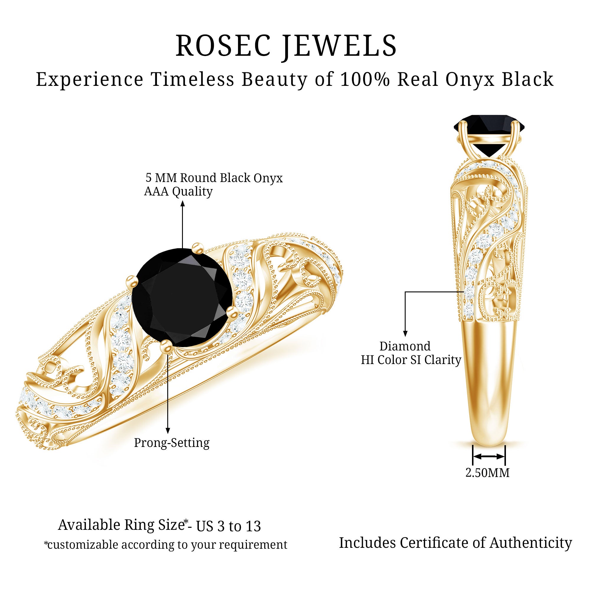 Vintage Style Black Onyx and Diamond Engagement Ring for Women AAA - Rosec Jewels