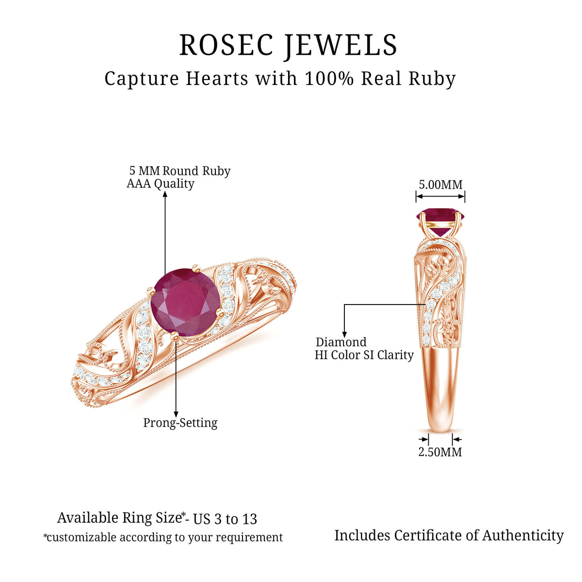 Vintage Style 0.6 Carat Ruby Engagement Ring with Diamond AAA - Rosec Jewels