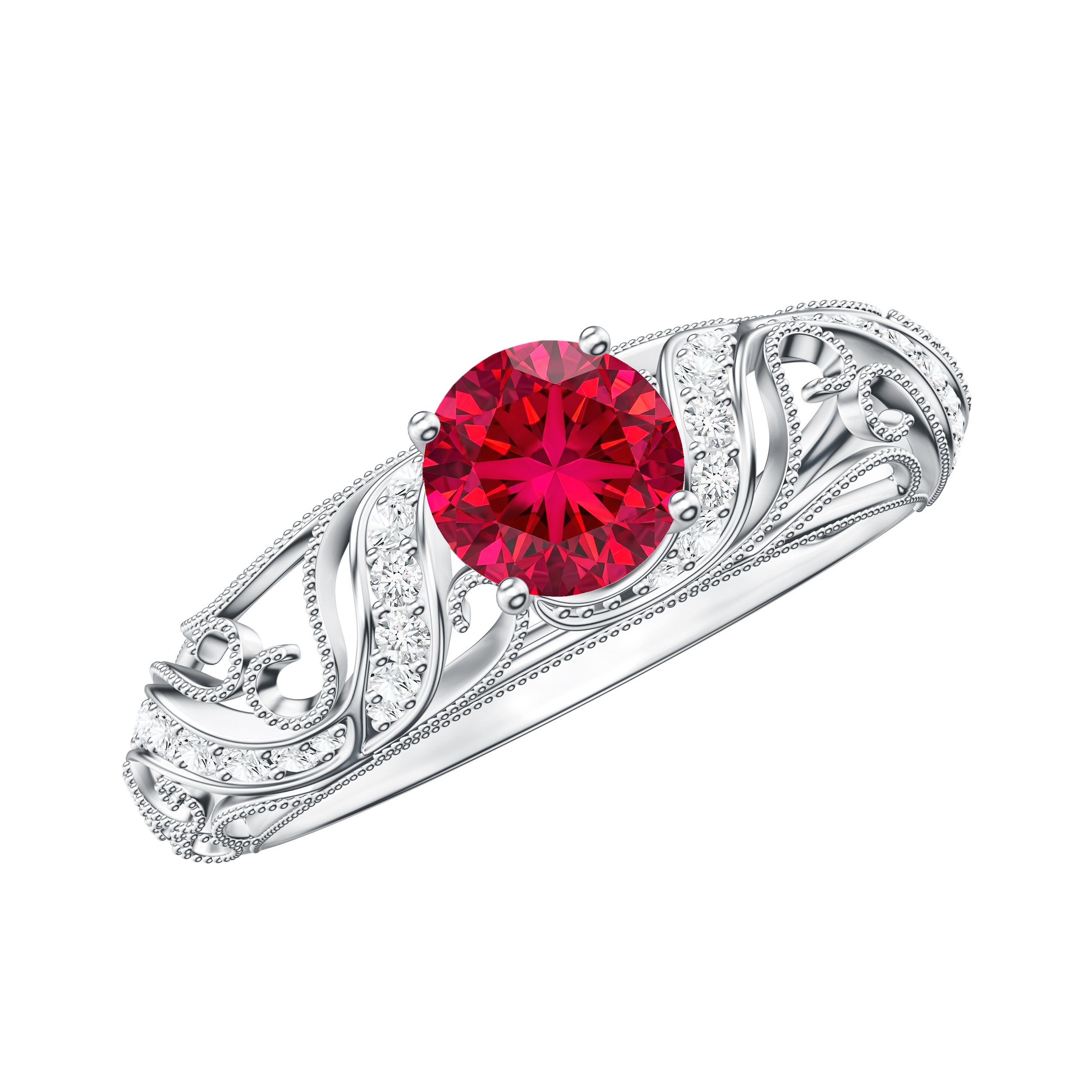 Rosec Jewels-Lab Created Ruby and Diamond Vintage Inspired Engagement Ring