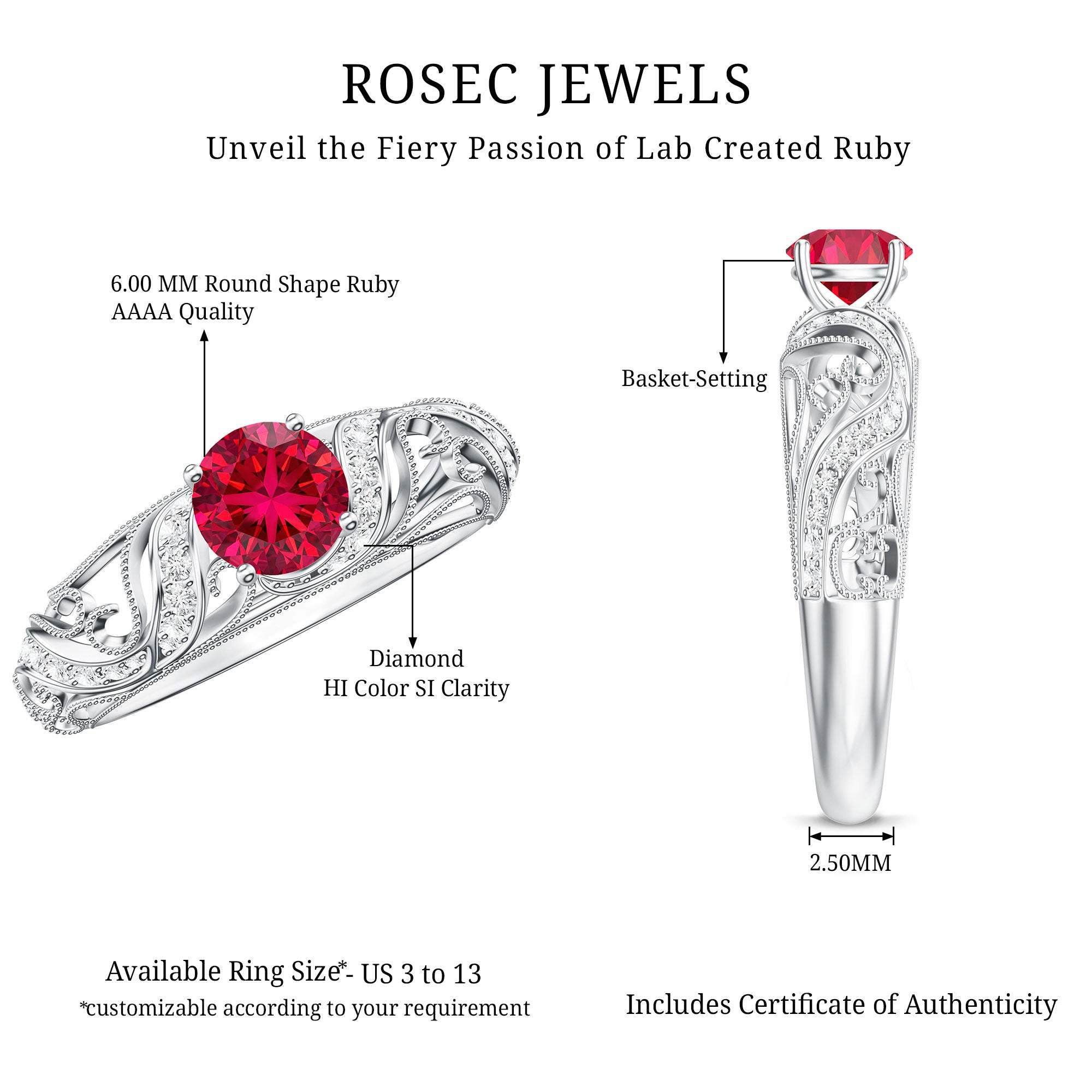 Rosec Jewels-Lab Created Ruby and Diamond Vintage Inspired Engagement Ring