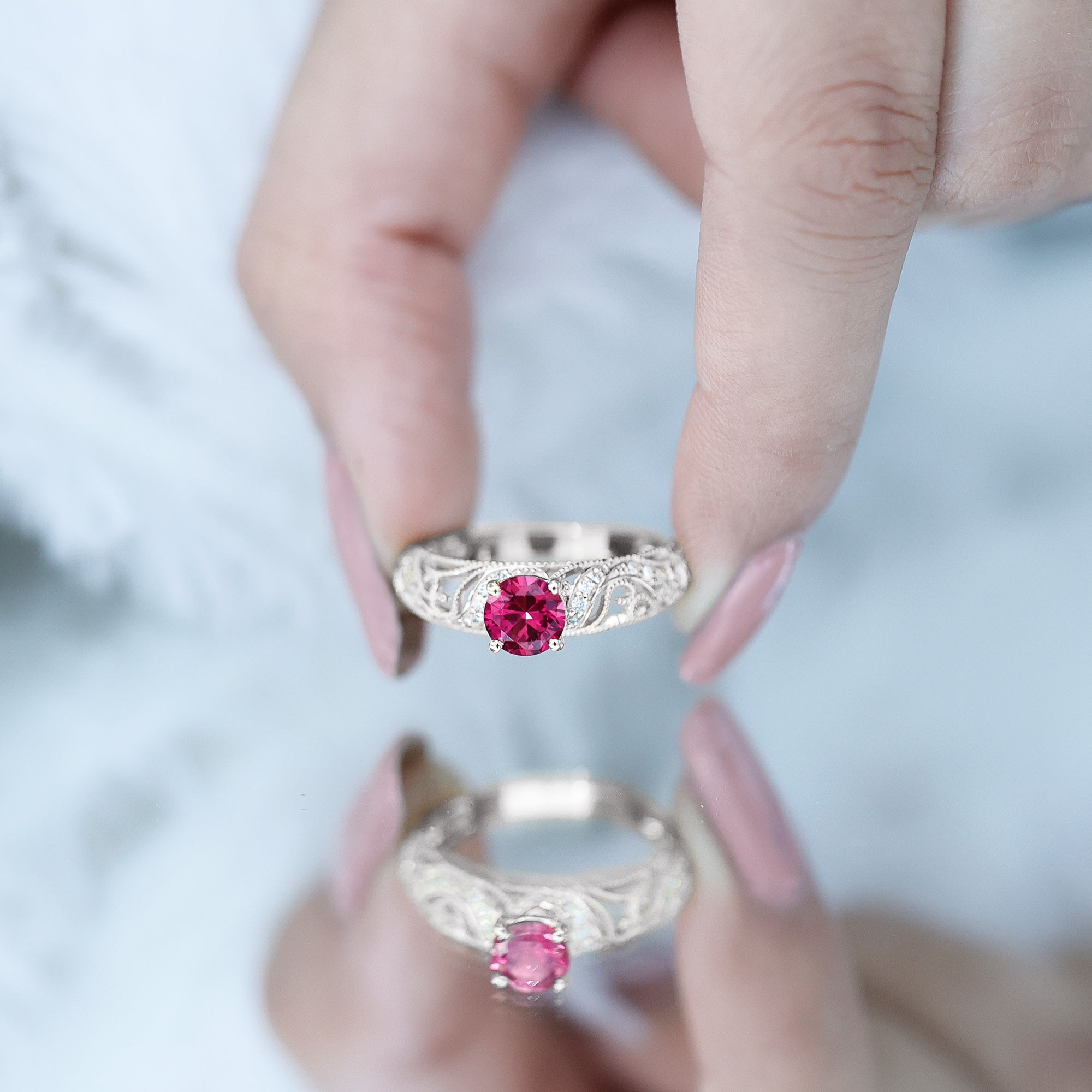 Rosec Jewels-Lab Created Ruby and Diamond Vintage Inspired Engagement Ring