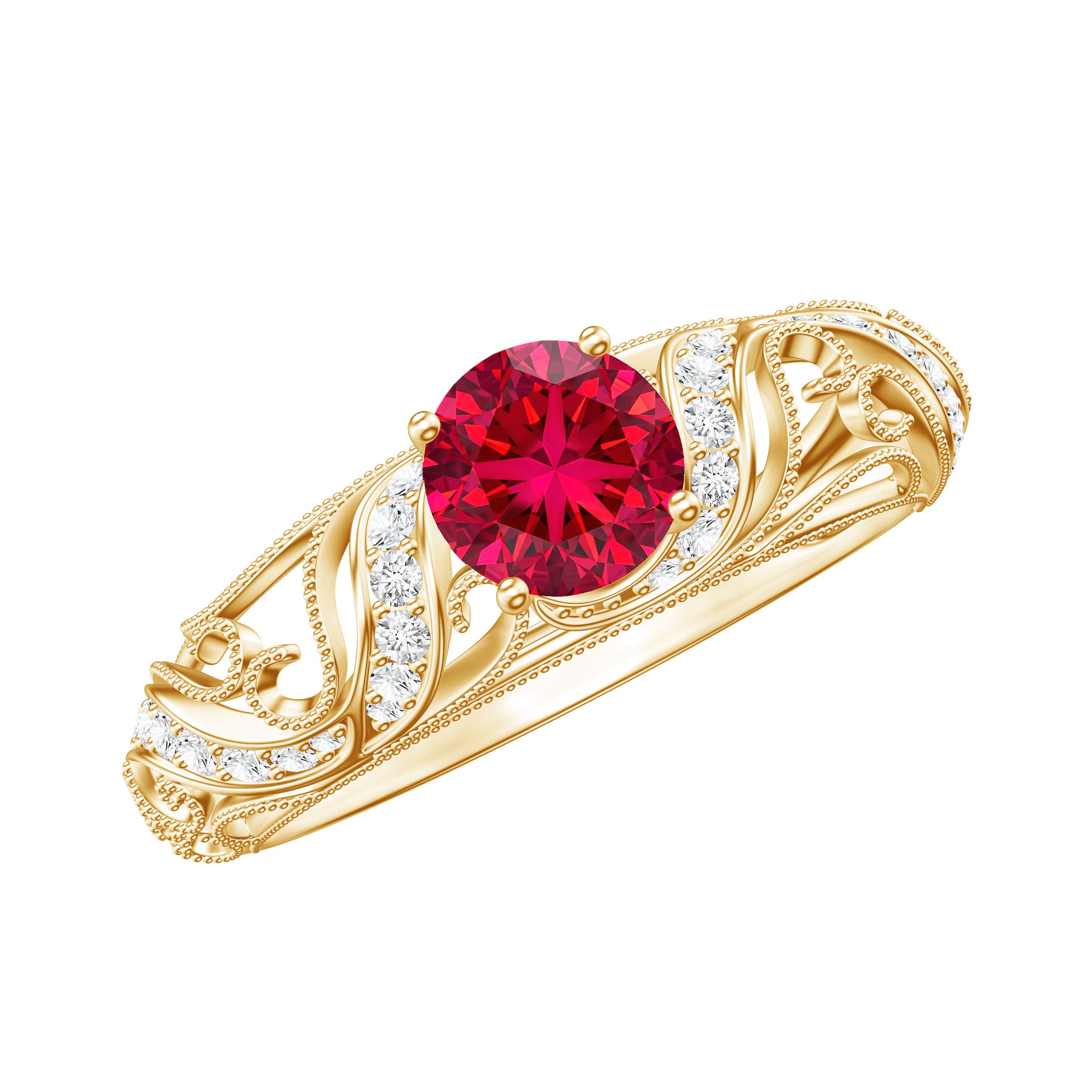 Rosec Jewels-Lab Created Ruby and Diamond Vintage Inspired Engagement Ring