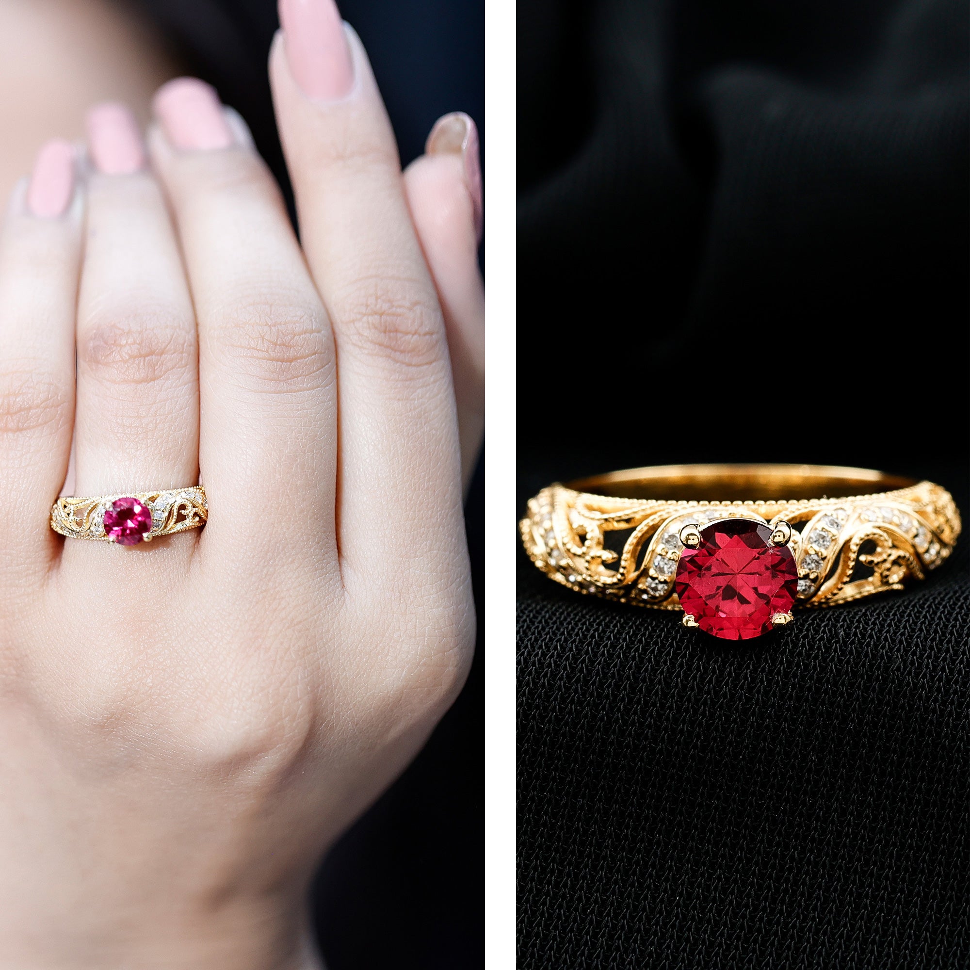 Rosec Jewels-Lab Created Ruby and Diamond Vintage Inspired Engagement Ring