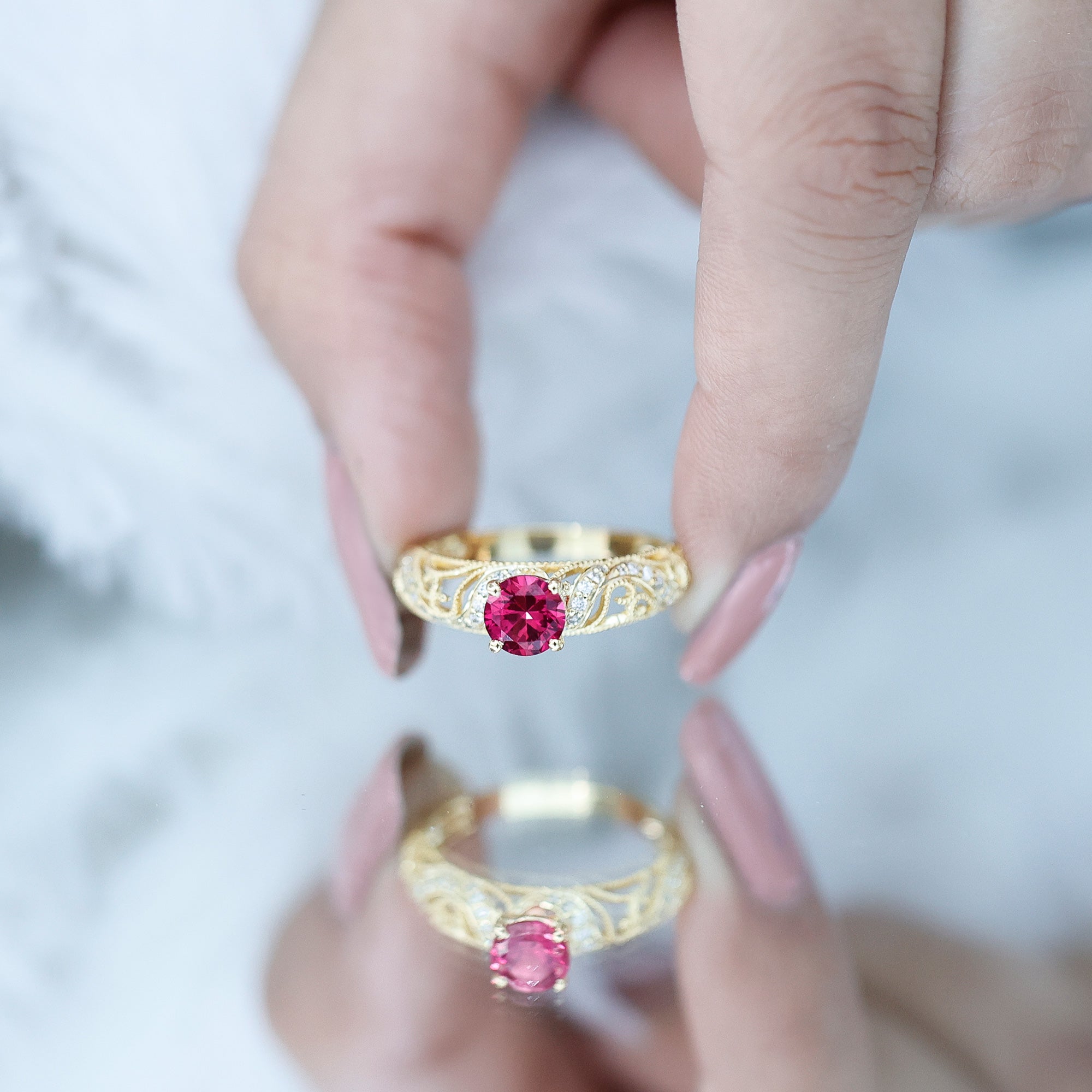 Rosec Jewels-Lab Created Ruby and Diamond Vintage Inspired Engagement Ring