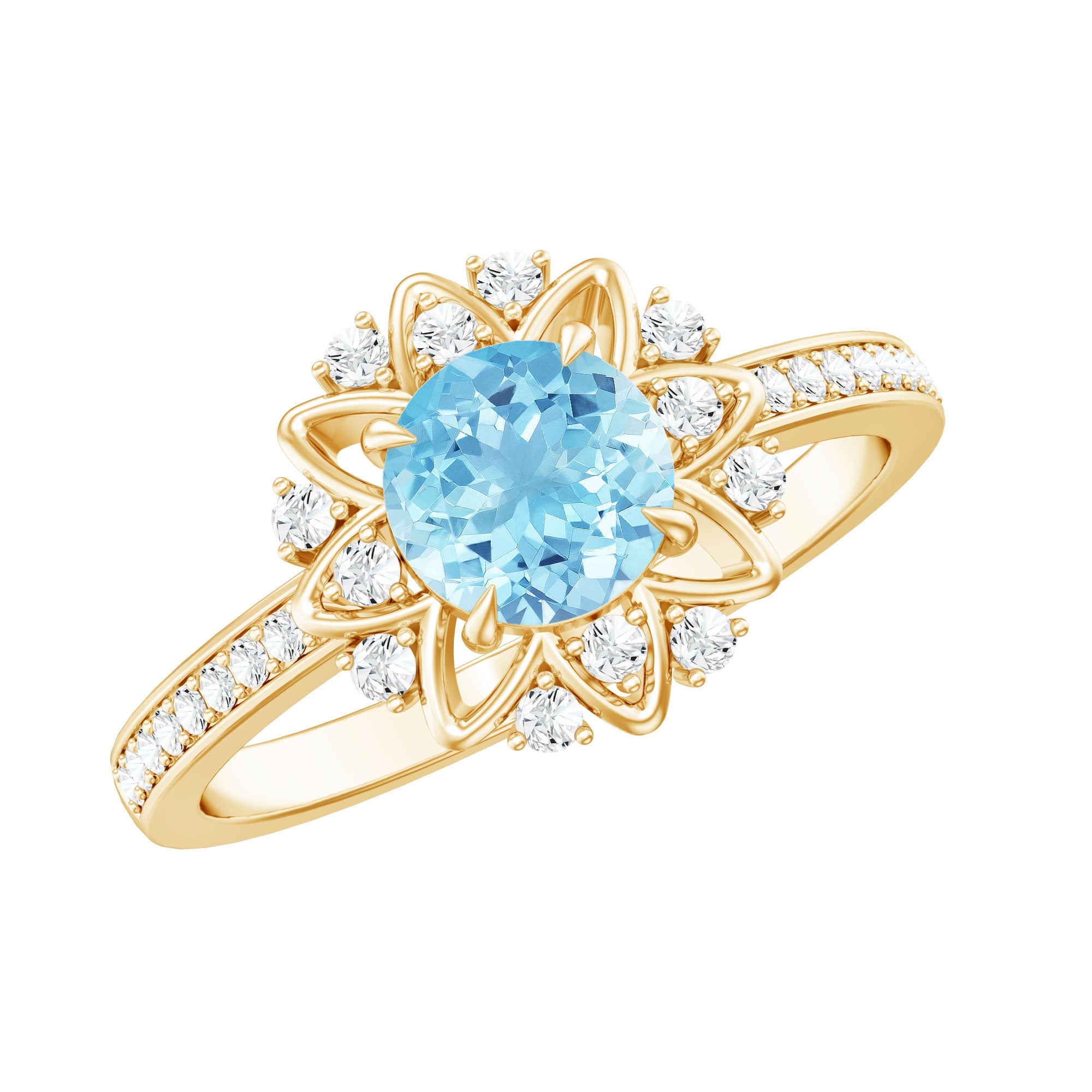 Rosec Jewels-Genuine 0.8 Aquamarine Floral Engagement Ring with Diamond Side Stones