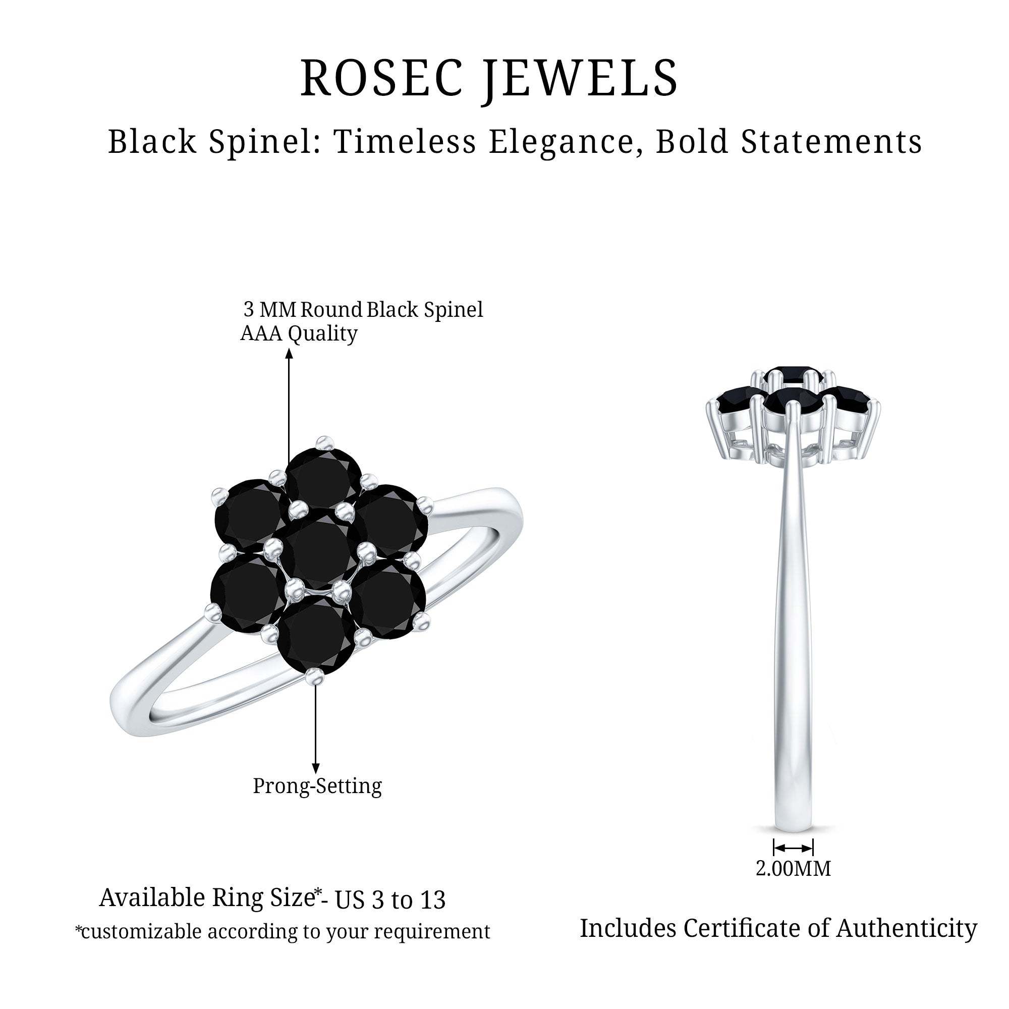 Rosec Jewels-Natural Black Spinel Flower Engagement Ring with Certificate