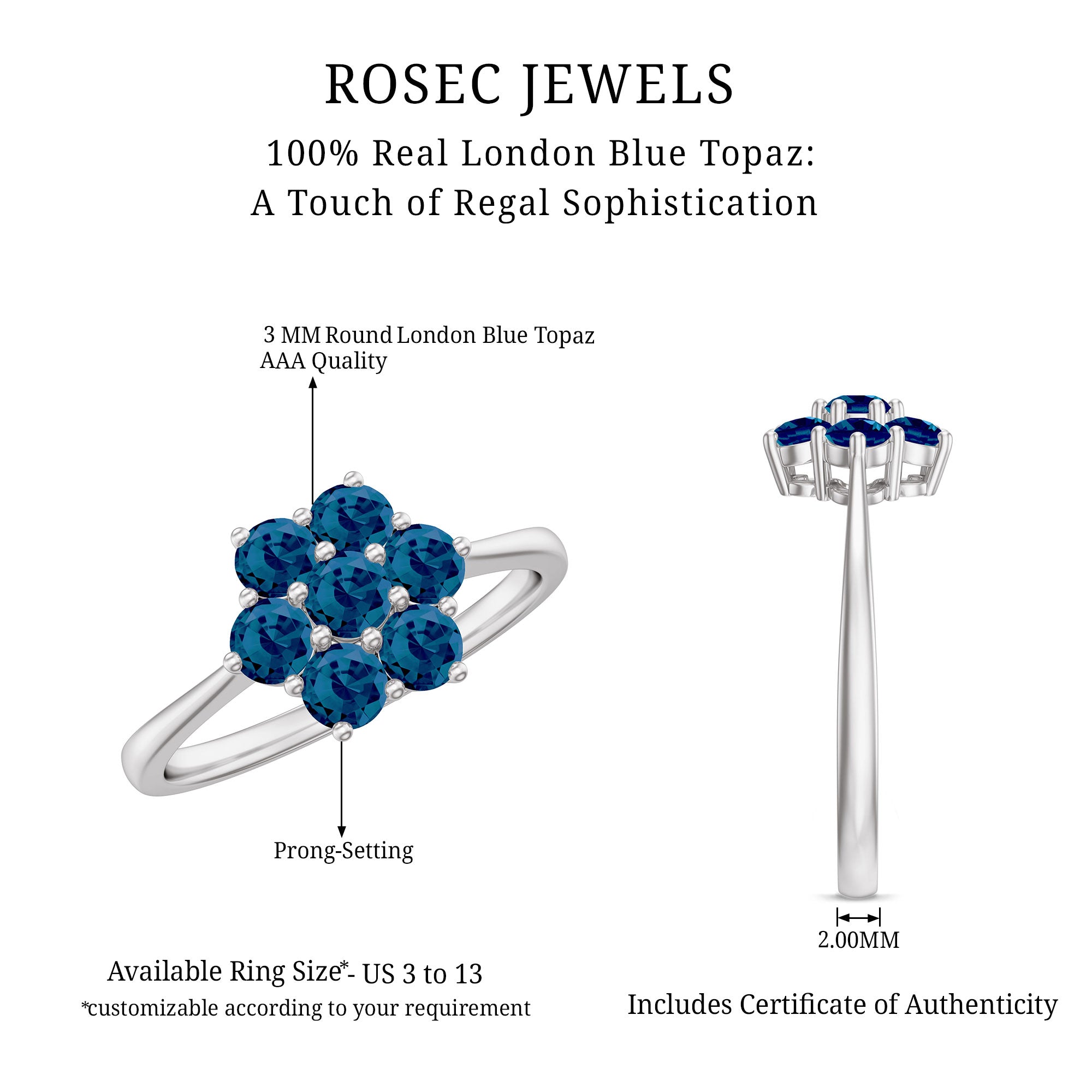 Rosec Jewels-Genuine London Blue Topaz Flower Engagement Ring With Certificate