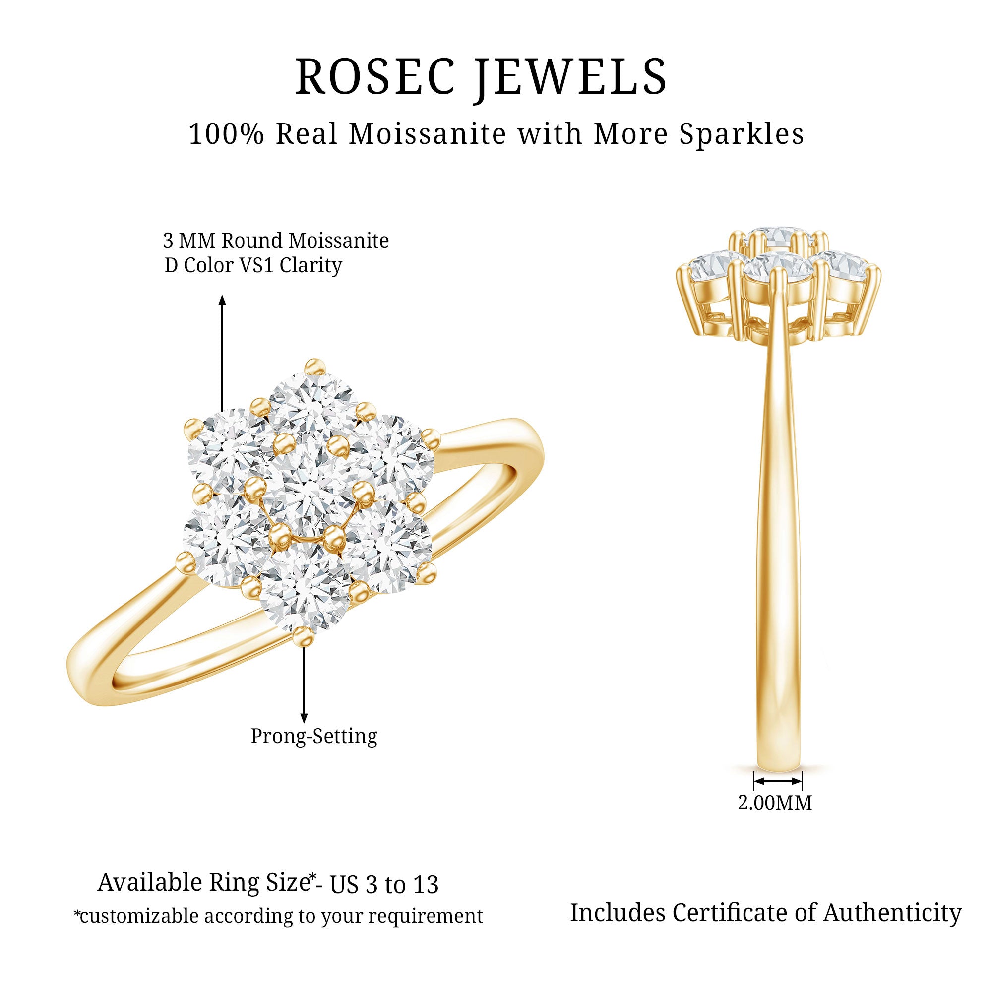 Rosec Jewels-Round Shape Moissanite Cluster Flower Engagement Ring
