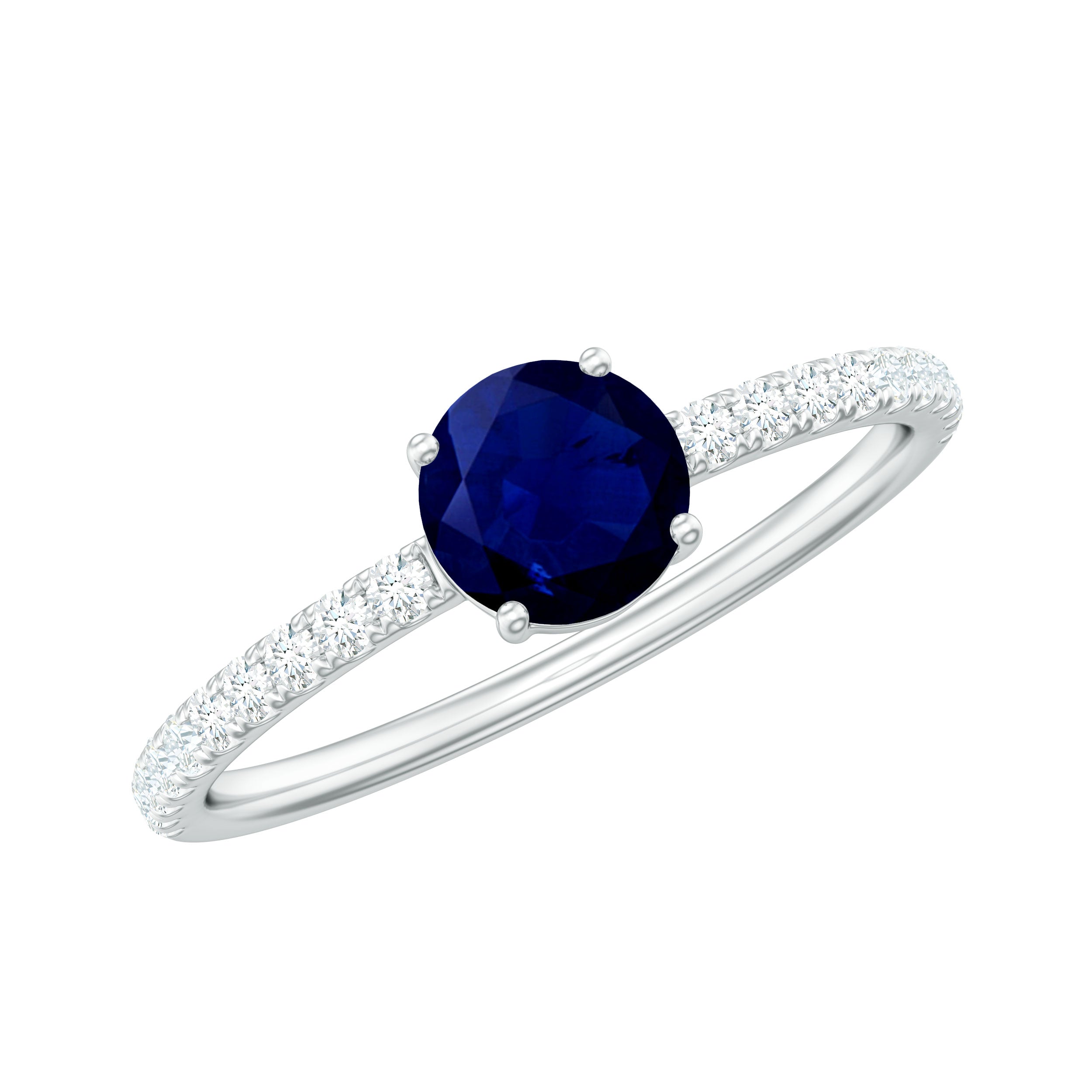 0.95 Carat Round Blue Sapphire Solitaire Ring with Diamond Side Stones AAA - Rosec Jewels