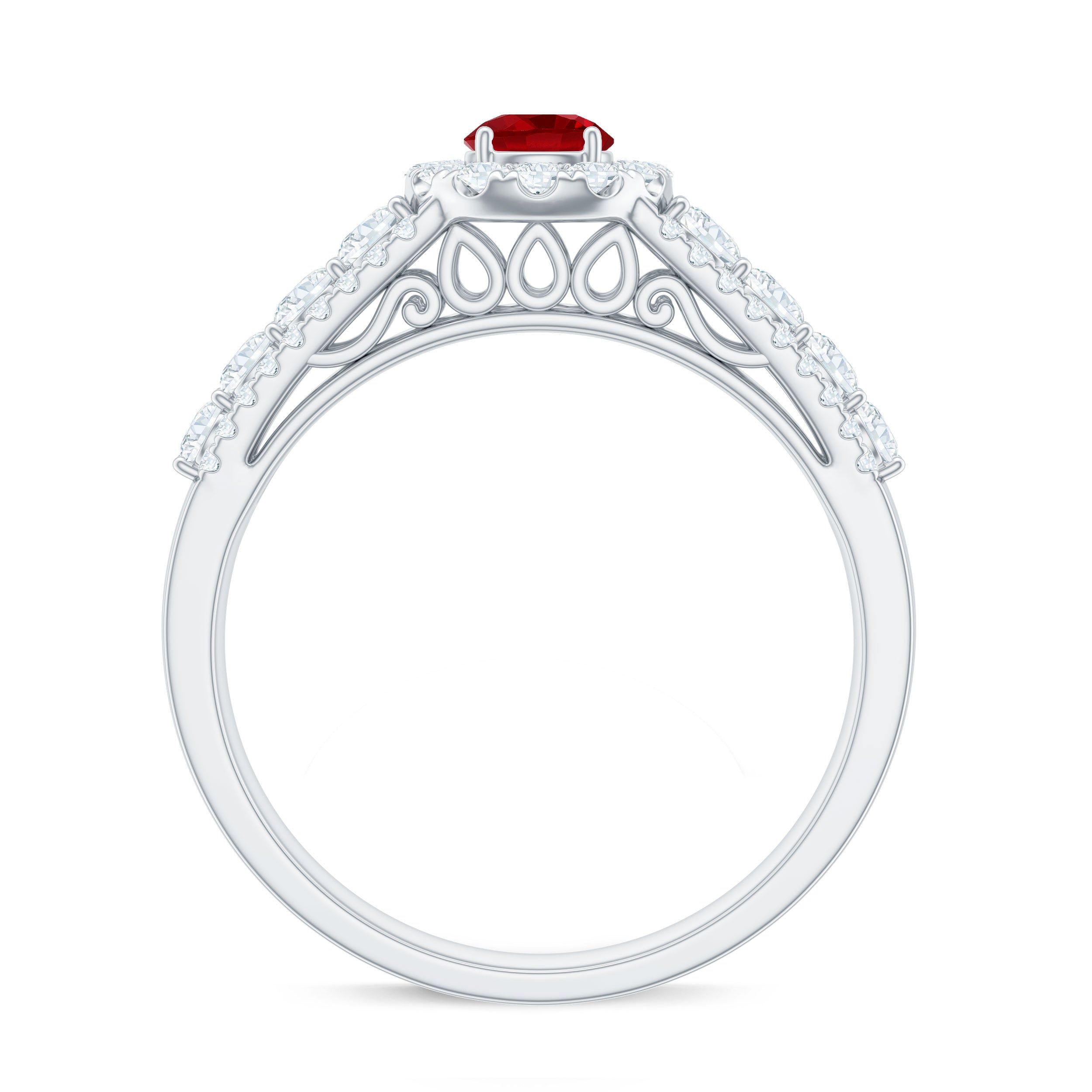 Rosec Jewels-Lab Created Ruby Side Stone Engagement Ring with Moissanite