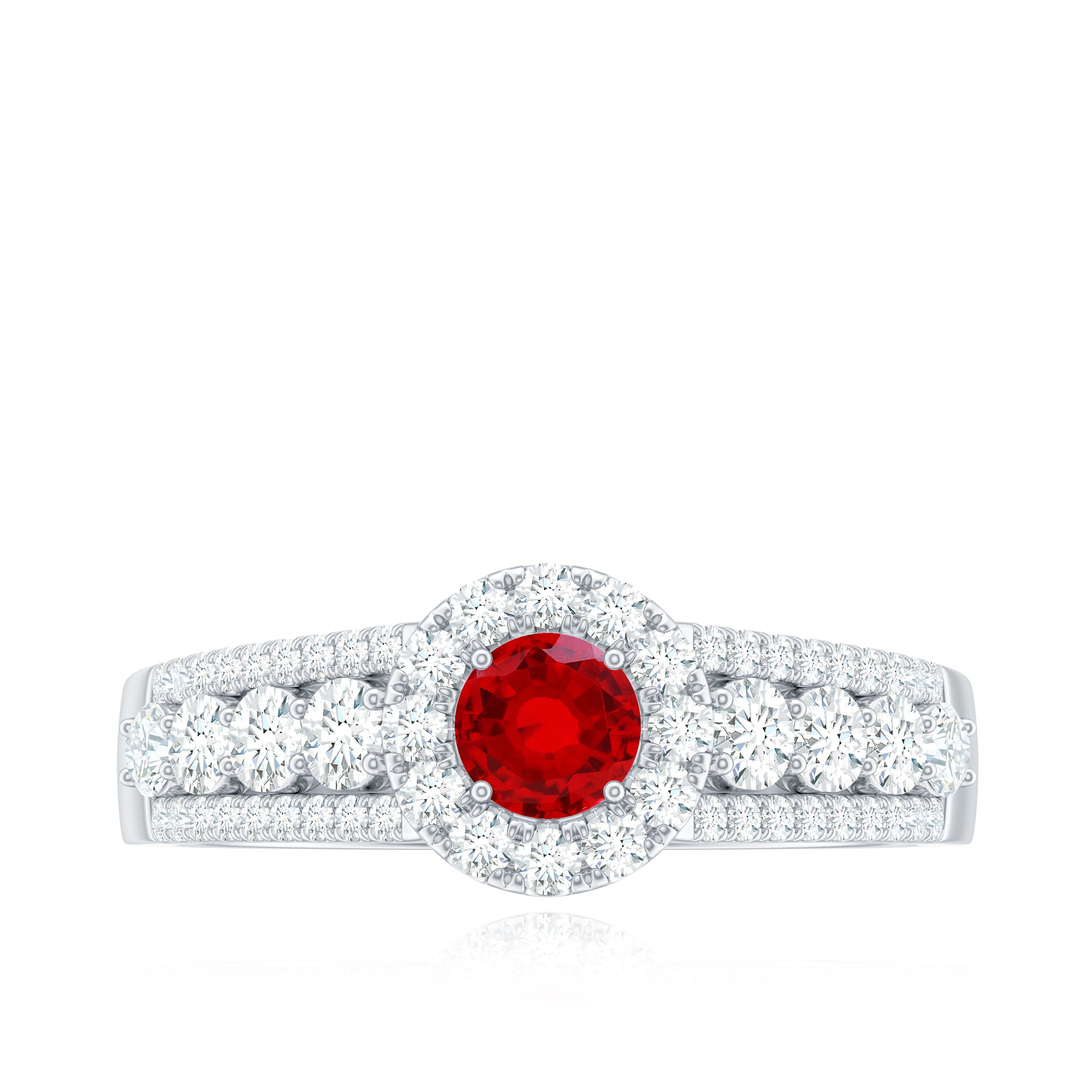 Rosec Jewels-Lab Created Ruby Side Stone Engagement Ring with Moissanite