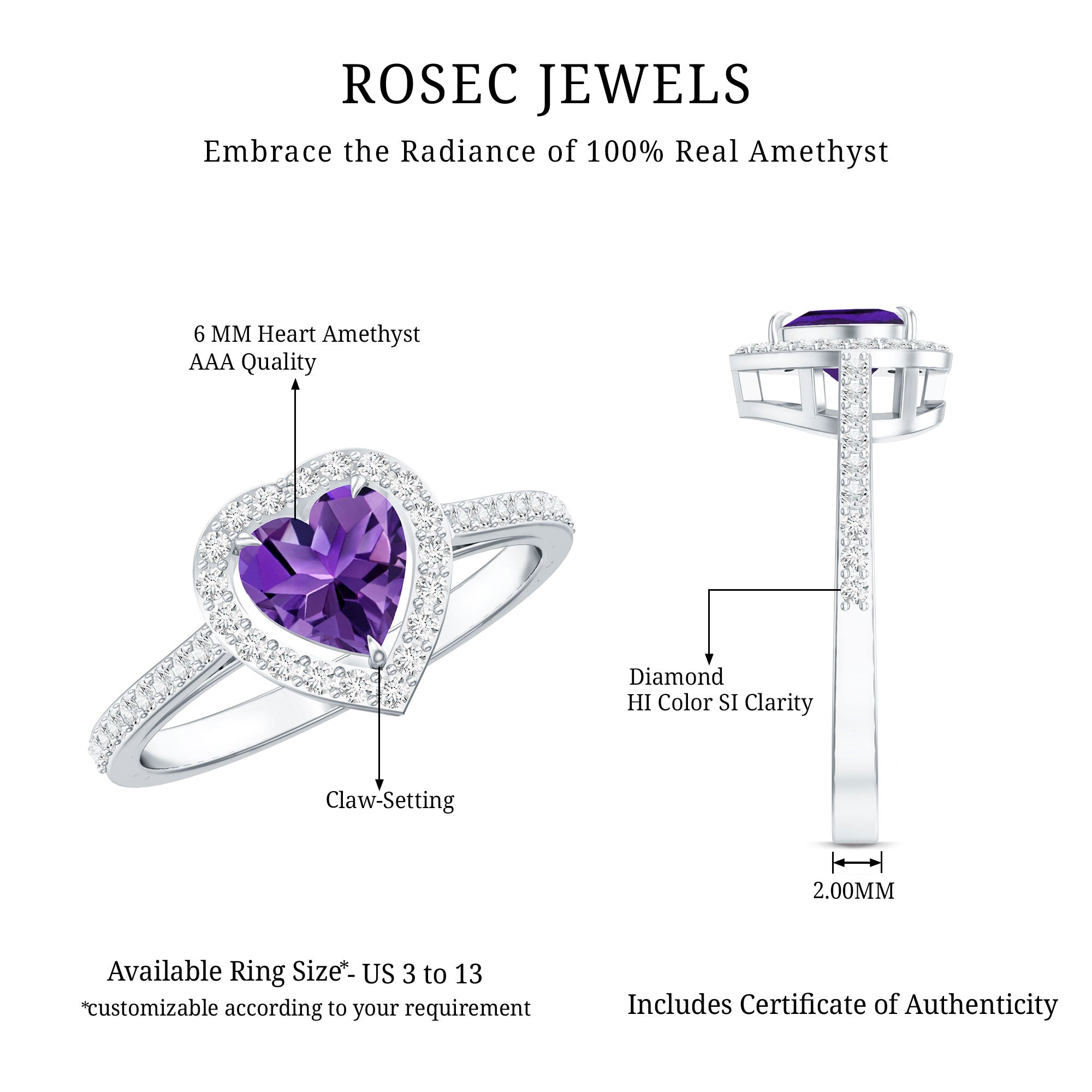 Rosec Jewels-Natural 0.9 Carat Amethyst Heart Engagement Ring with Diamond Halo
