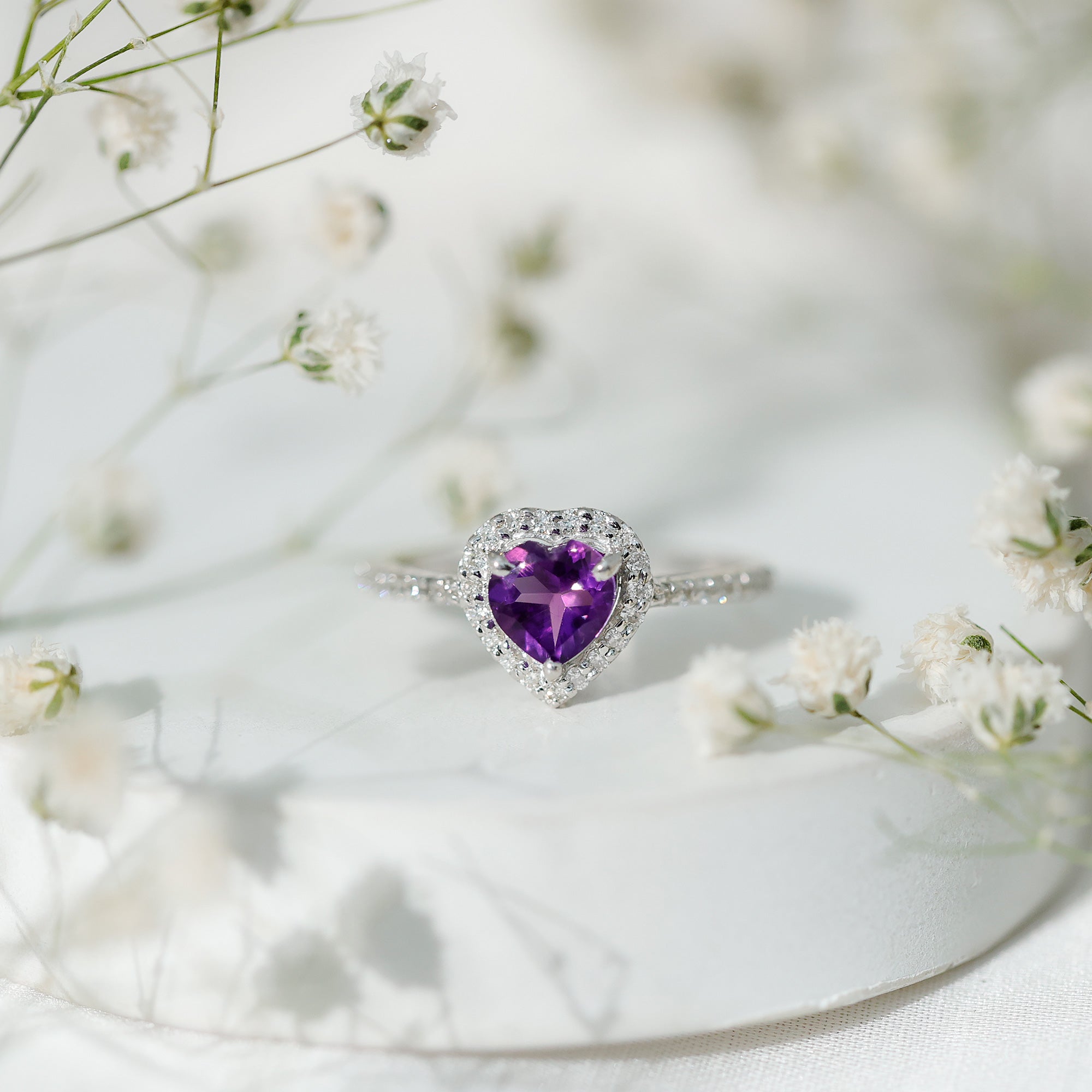 Rosec Jewels-Natural 0.9 Carat Amethyst Heart Engagement Ring with Diamond Halo