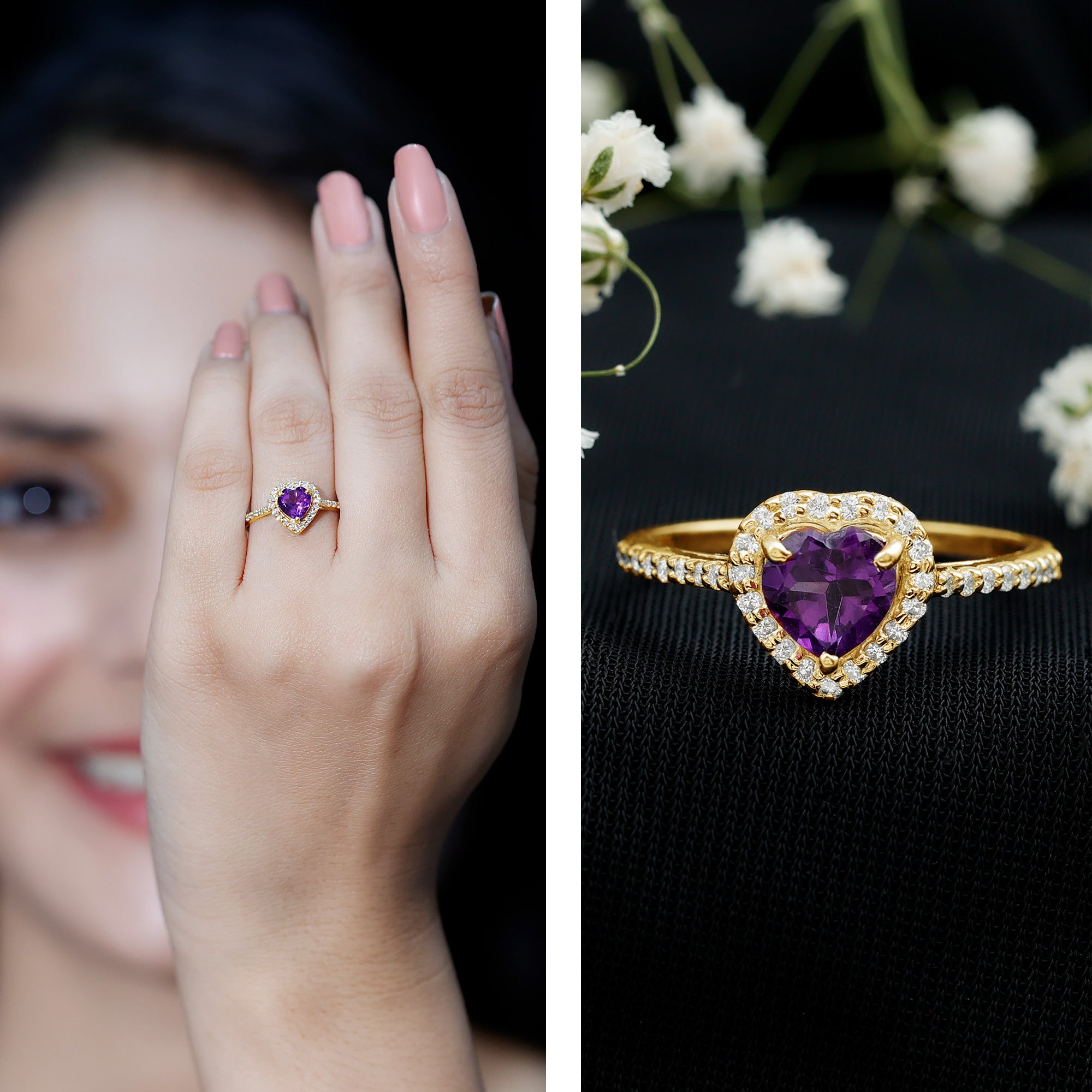 Rosec Jewels-Natural 0.9 Carat Amethyst Heart Engagement Ring with Diamond Halo