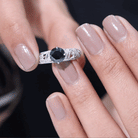 Round Created Black Diamond Vintage Inspired Engagement Ring with Diamond AAAA ( Synthetic ) - Rosec Jewels