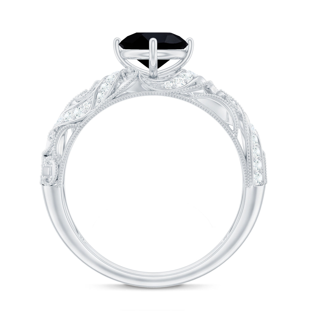 Round Created Black Diamond Vintage Inspired Engagement Ring with Diamond AAAA ( Synthetic ) - Rosec Jewels
