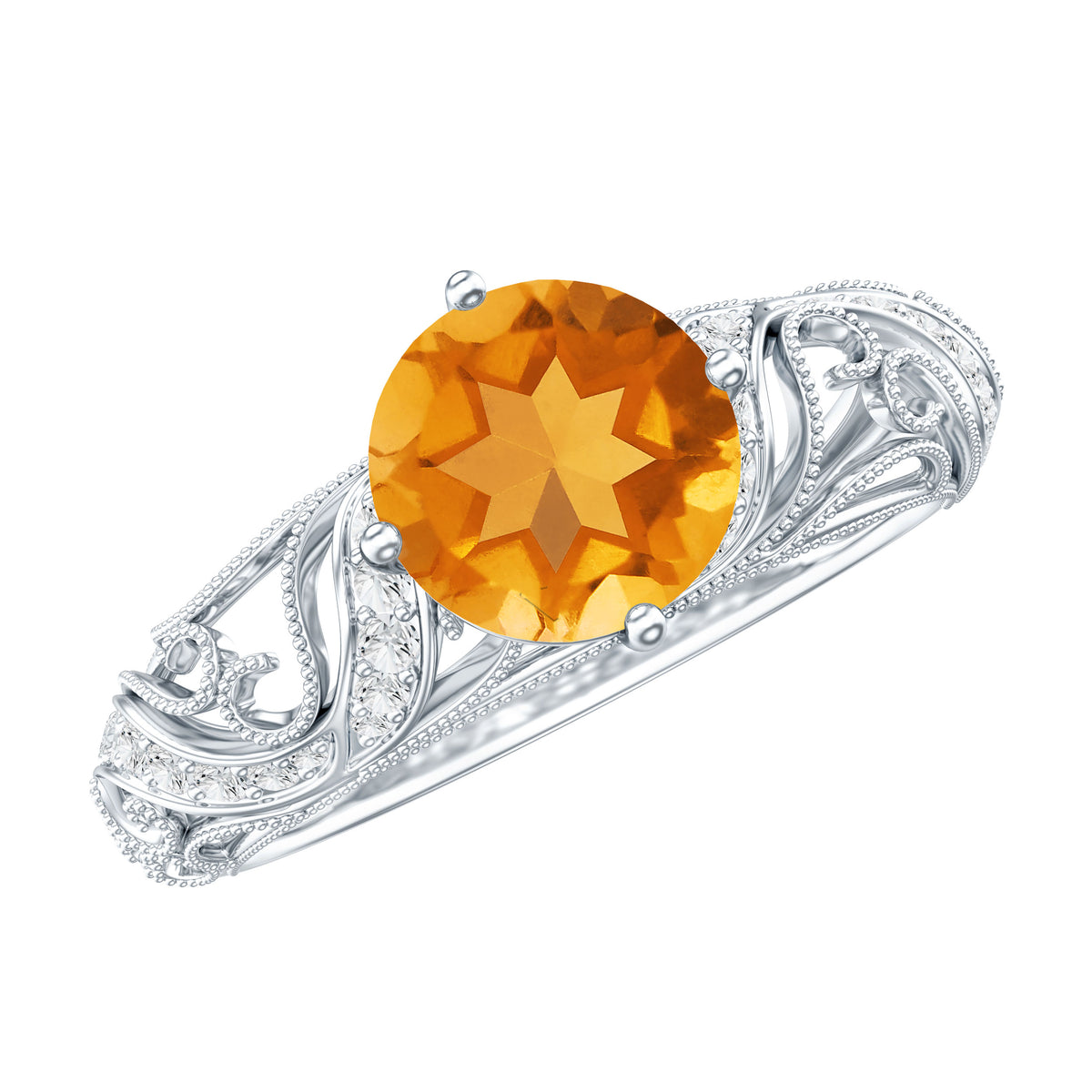 Genuine Citrine Vintage Looking Engagement Ring with Diamond AAA - Rosec Jewels