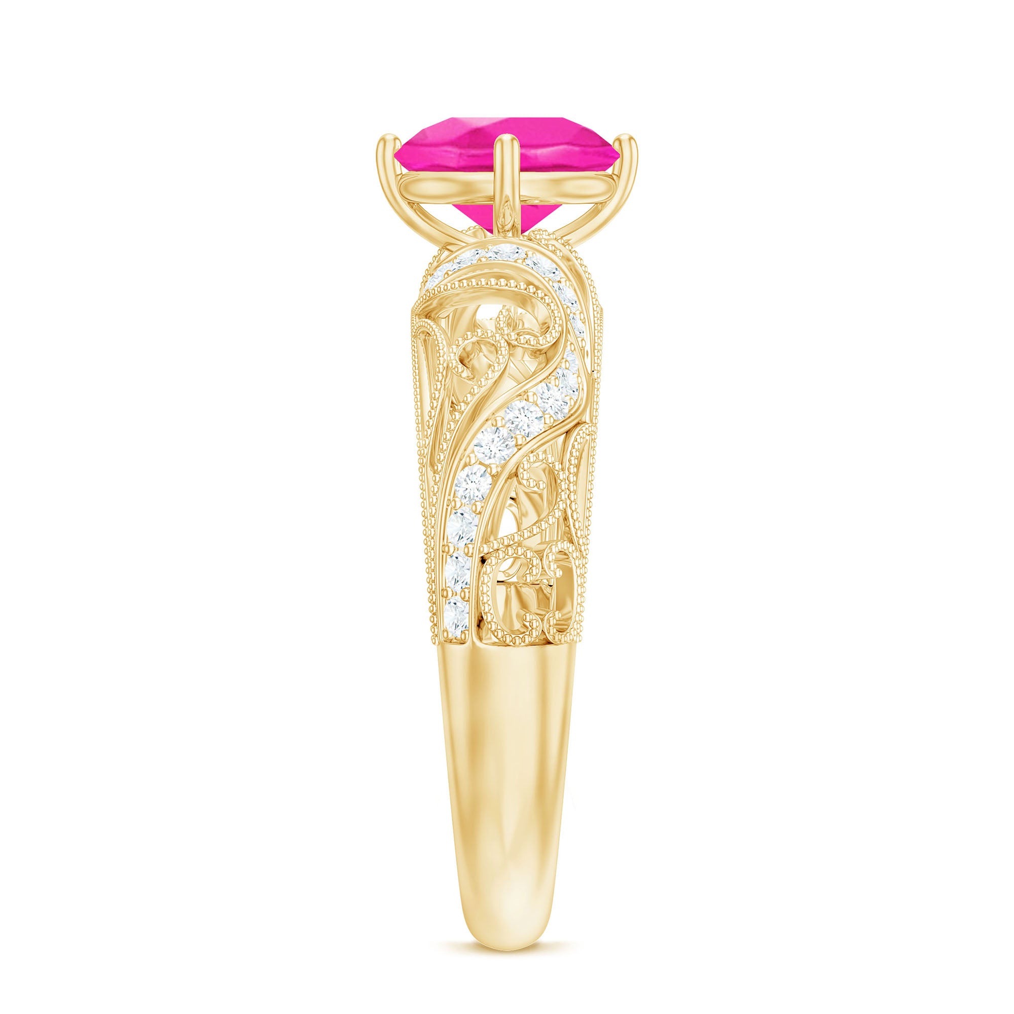Rosec Jewels-Lab Grown Pink Sapphire Antique Engagement Ring With Diamond