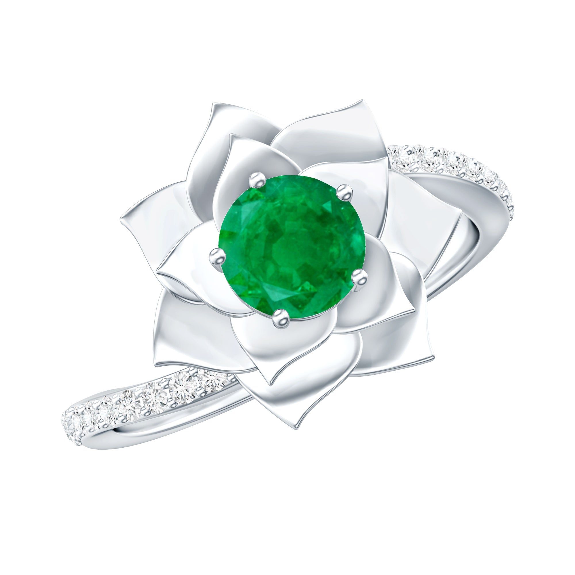 Certified Real Emerald Flower Engagement Ring with Diamond Bypass Shank AAA - Rosec Jewels
