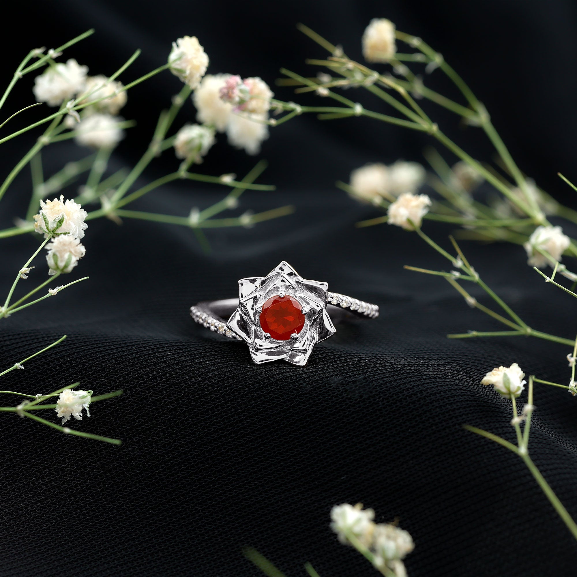 Rosec Jewels-Flower Inspired Fire Opal Engagement Ring with Diamond