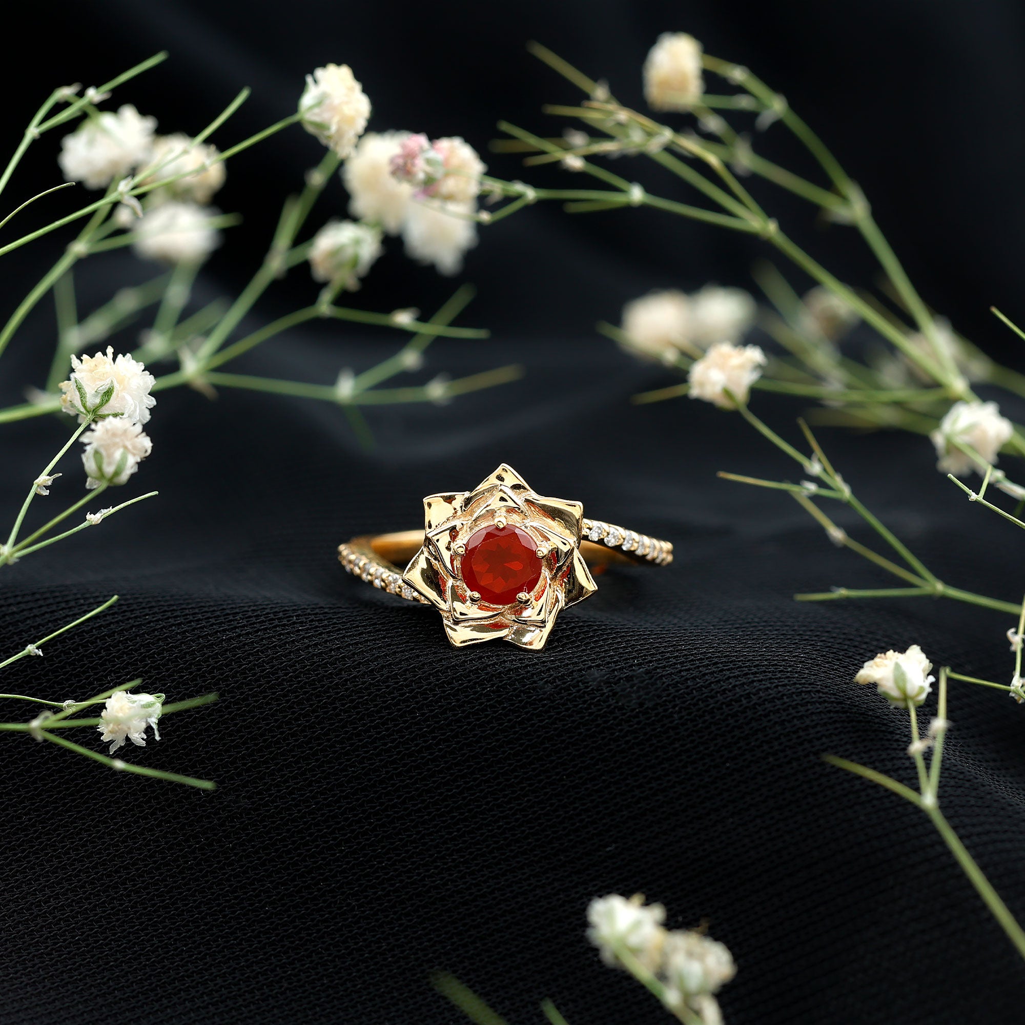 Rosec Jewels-Flower Inspired Fire Opal Engagement Ring with Diamond